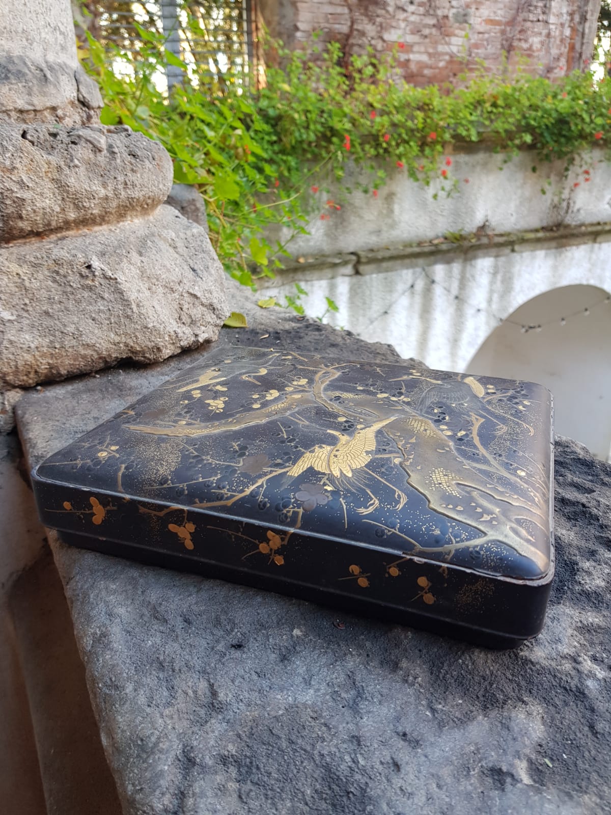 Antique Japanese Black Lacquer Box, Gold Maki-e Cranes & Pine Tree, Meiji Period, 19th Century