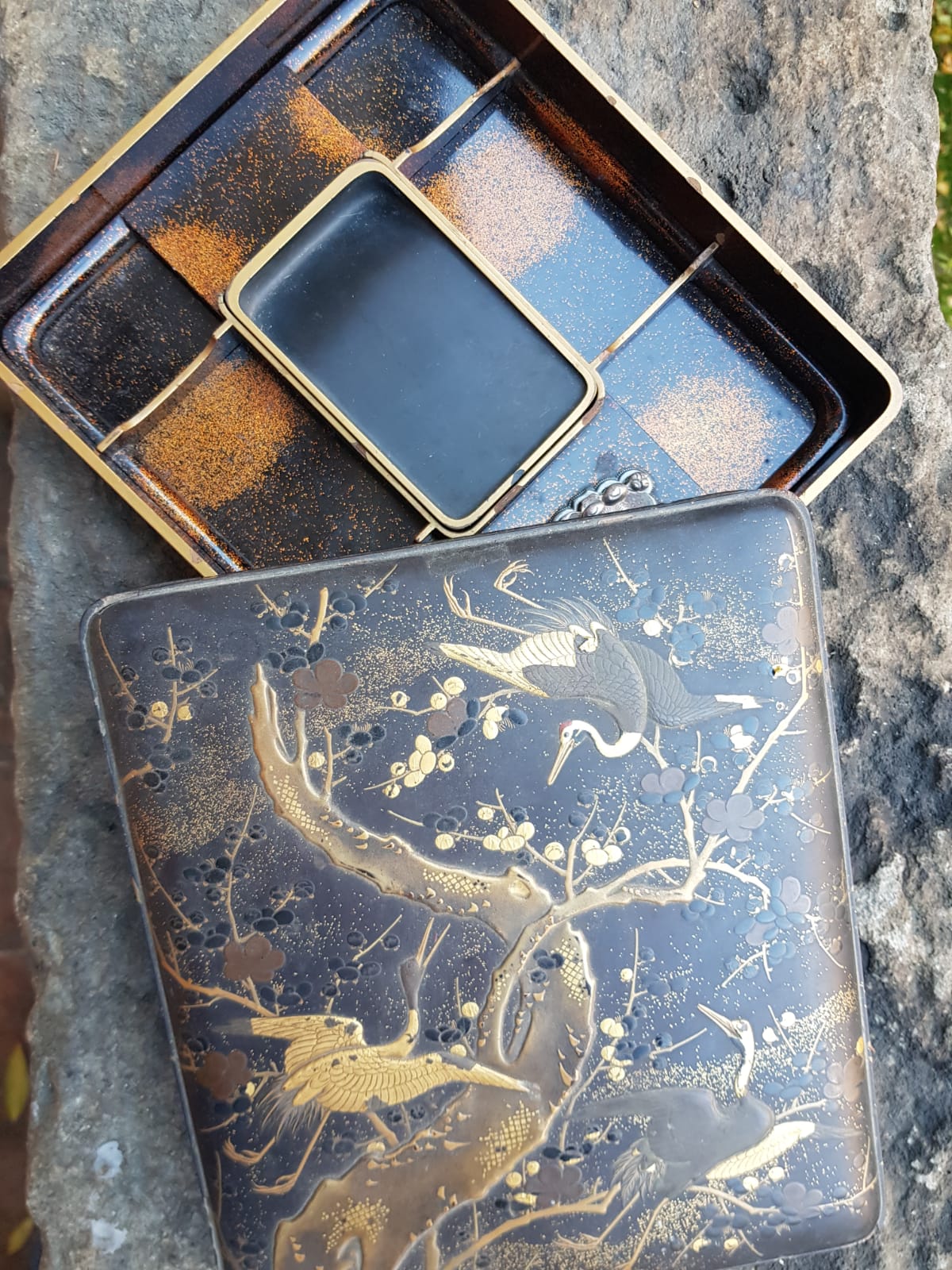 Antique Japanese Black Lacquer Box, Gold Maki-e Cranes & Pine Tree, Meiji Period, 19th Century