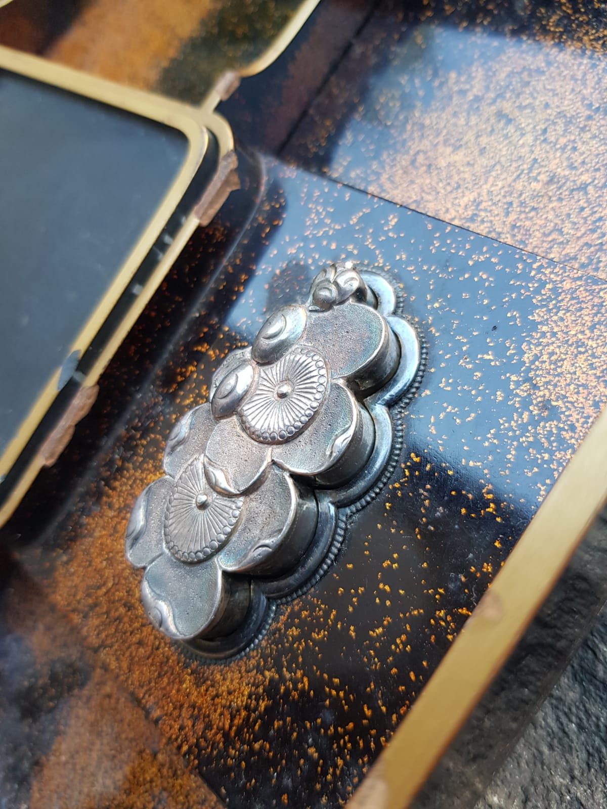 Antique Japanese Black Lacquer Box, Gold Maki-e Cranes & Pine Tree, Meiji Period, 19th Century