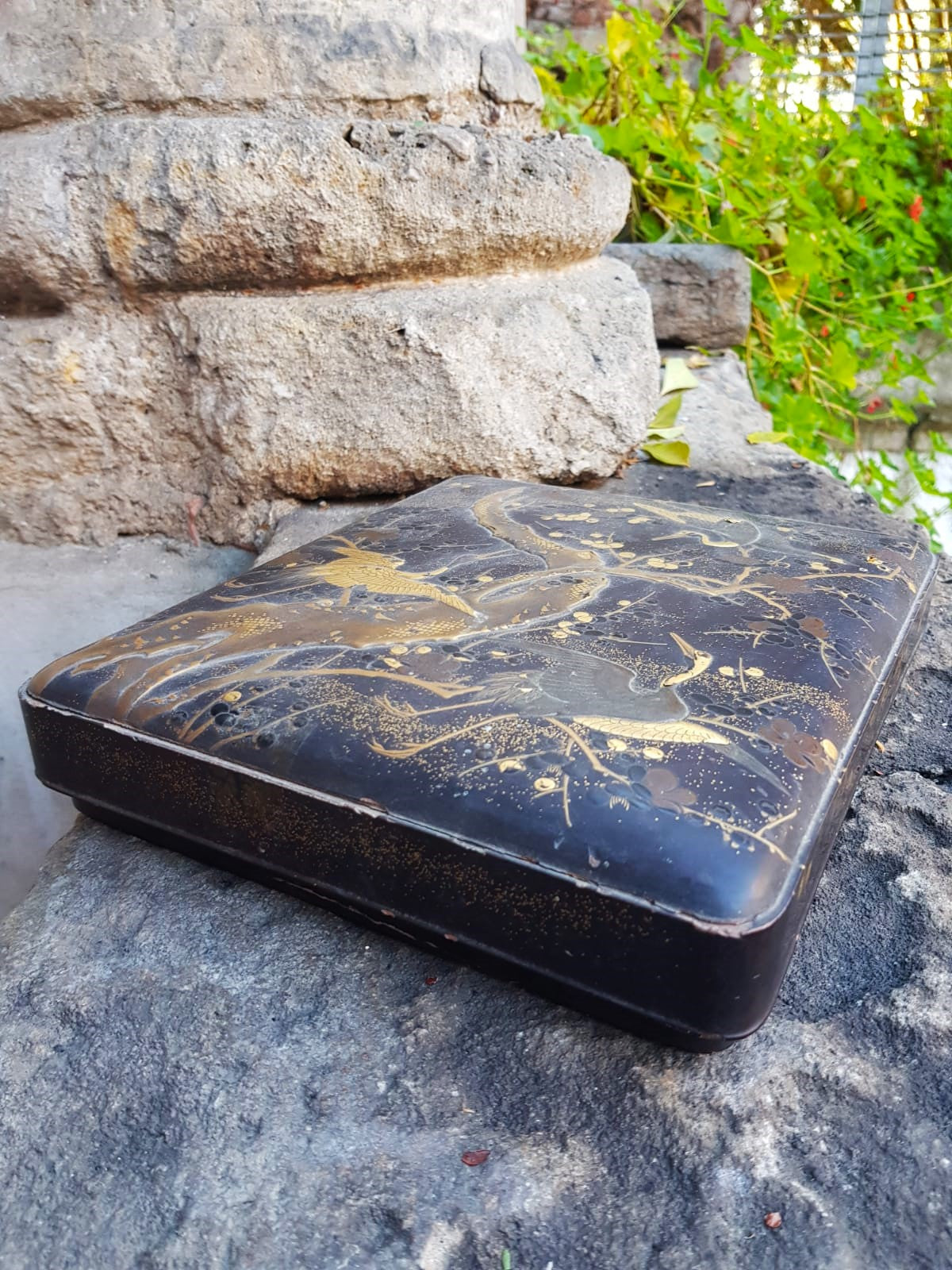 Antique Japanese Black Lacquer Box, Gold Maki-e Cranes & Pine Tree, Meiji Period, 19th Century