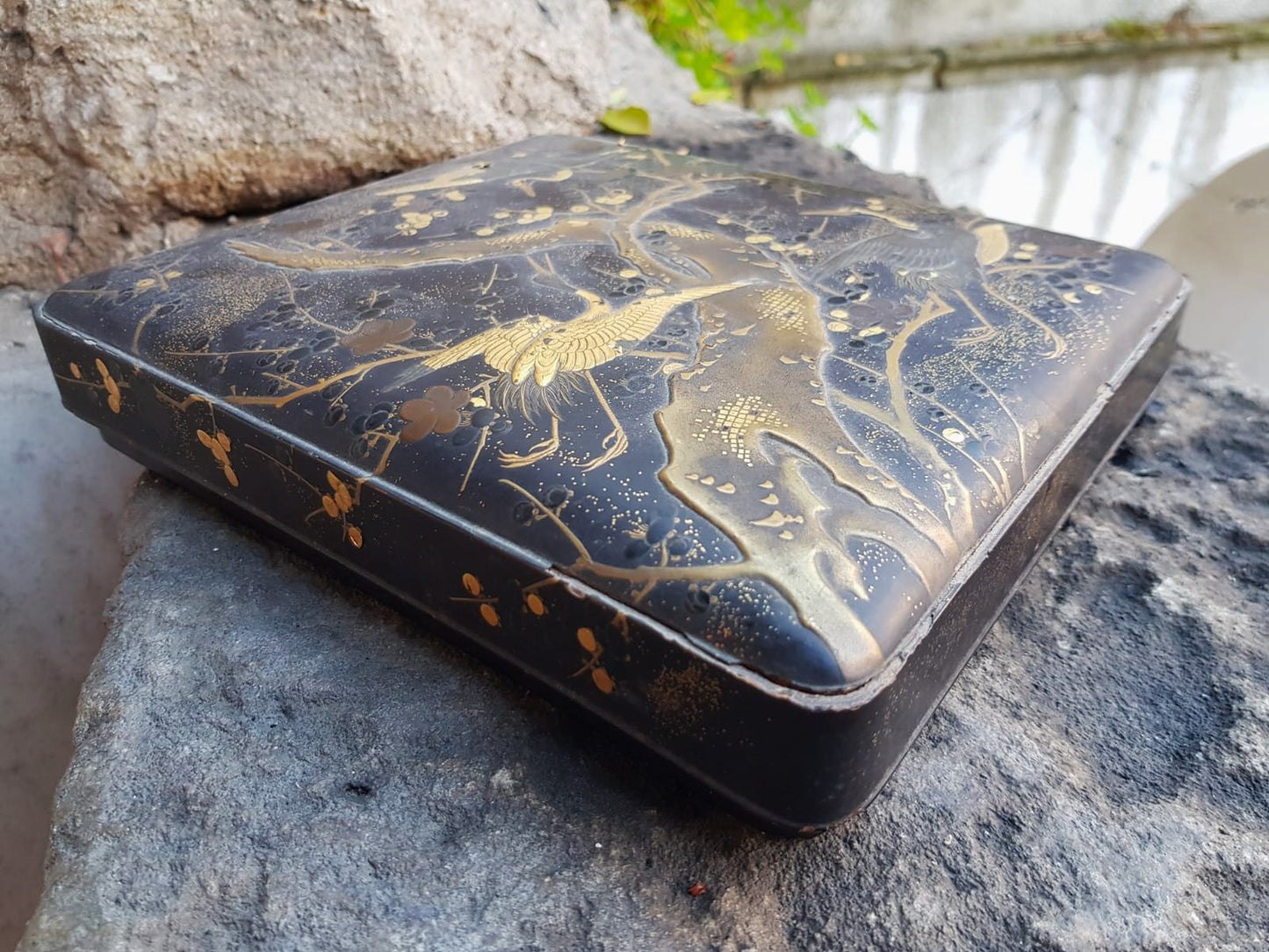 Antique Japanese Black Lacquer Box, Gold Maki-e Cranes & Pine Tree, Meiji Period, 19th Century