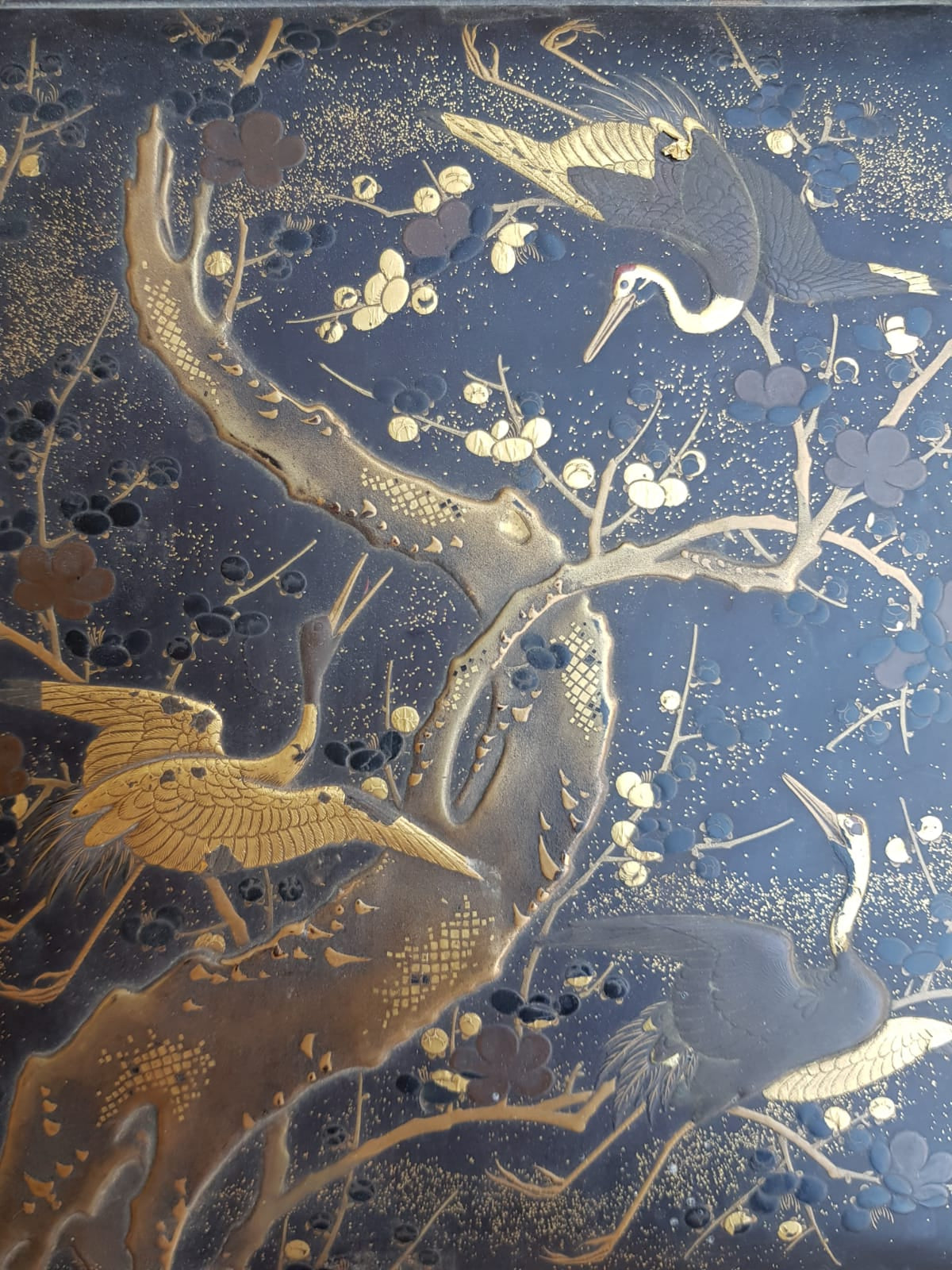 Antique Japanese Black Lacquer Box, Gold Maki-e Cranes & Pine Tree, Meiji Period, 19th Century