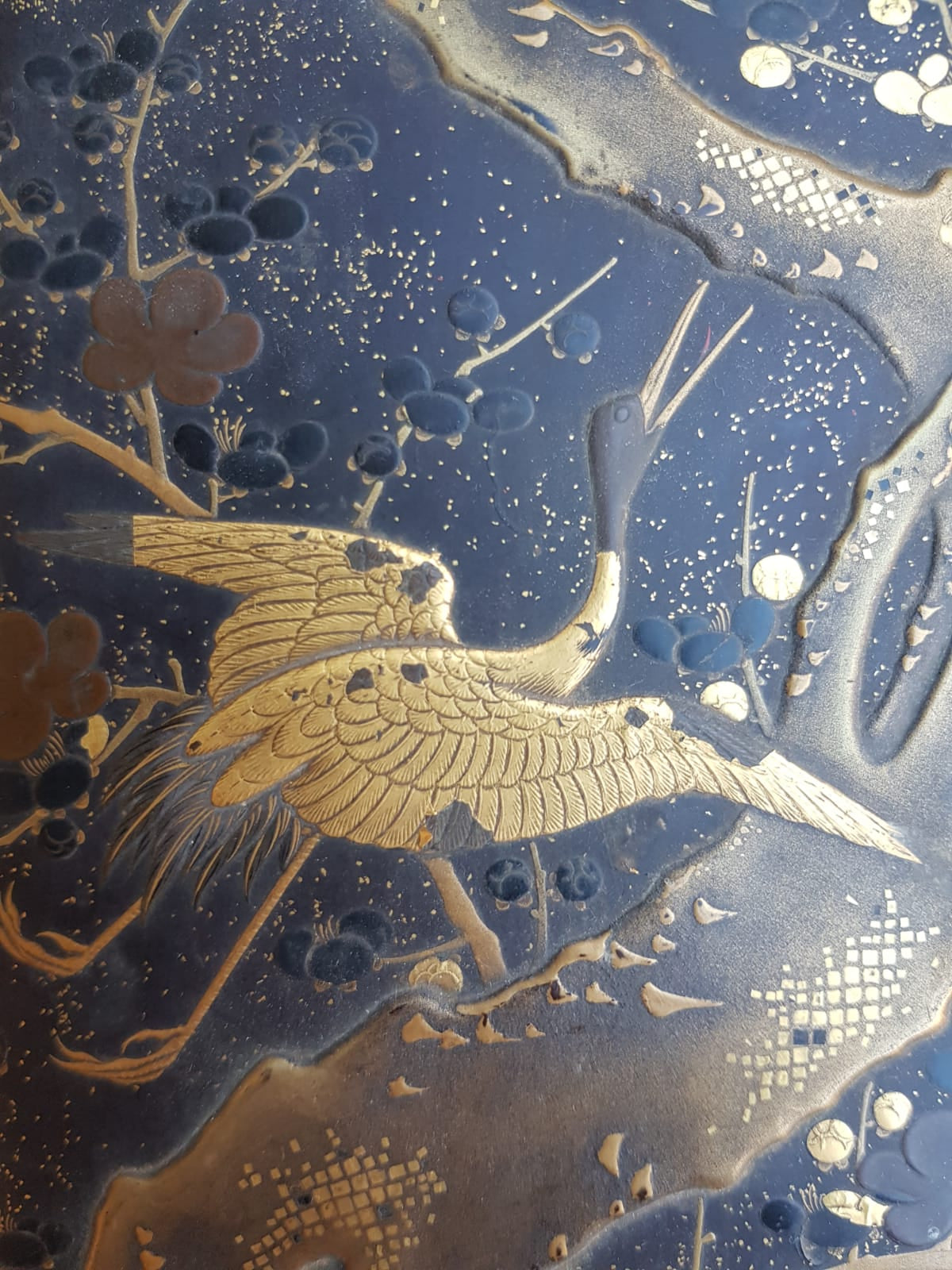 Antique Japanese Black Lacquer Box, Gold Maki-e Cranes & Pine Tree, Meiji Period, 19th Century