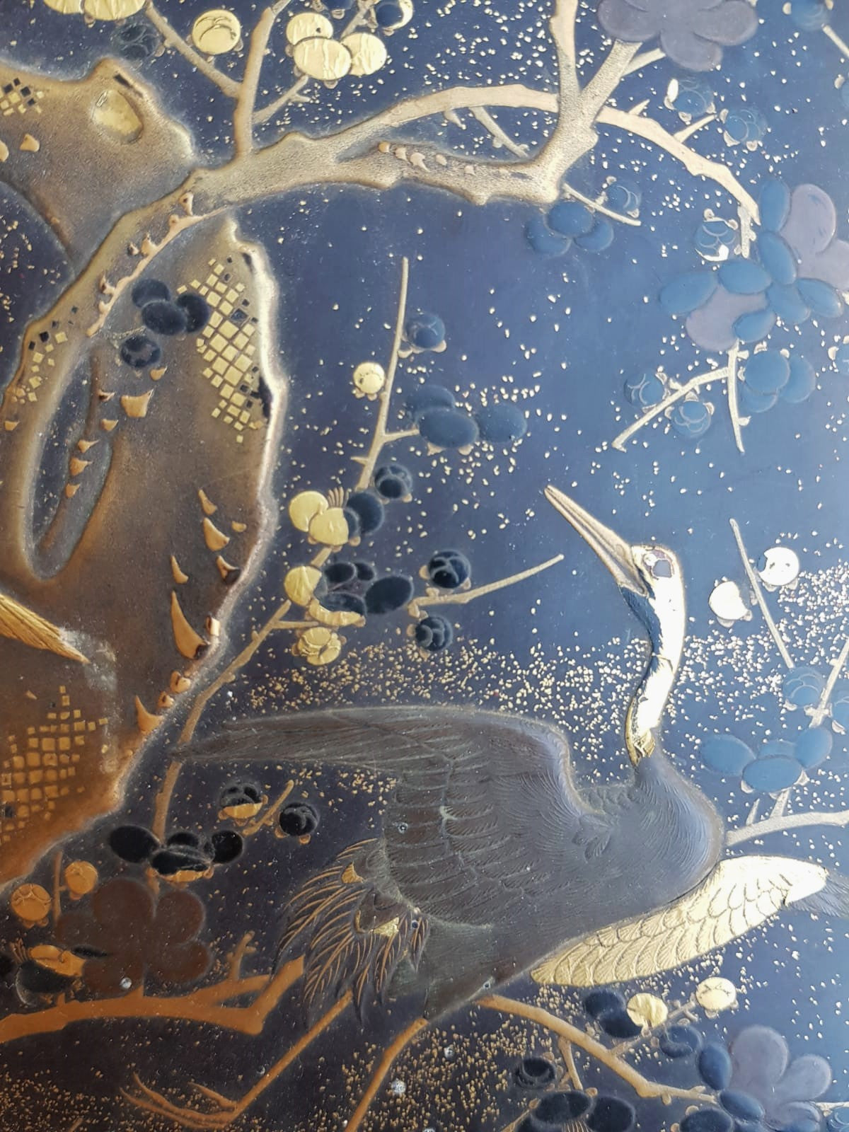 Antique Japanese Black Lacquer Box, Gold Maki-e Cranes & Pine Tree, Meiji Period, 19th Century