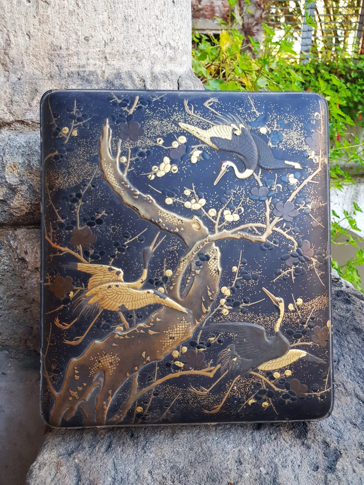 Antique Japanese Black Lacquer Box, Gold Maki-e Cranes & Pine Tree, Meiji Period, 19th Century