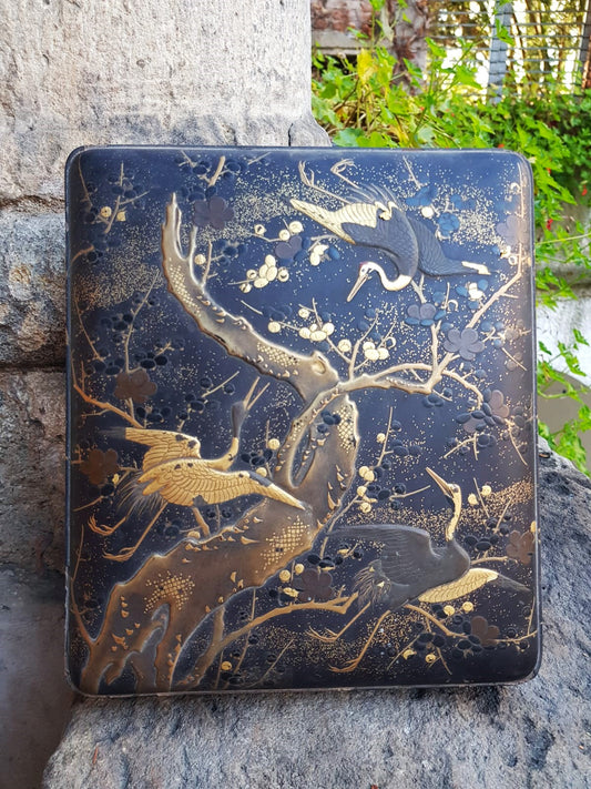 Antique Japanese Black Lacquer Box, Gold Maki-e Cranes & Pine Tree, Meiji Period, 19th Century