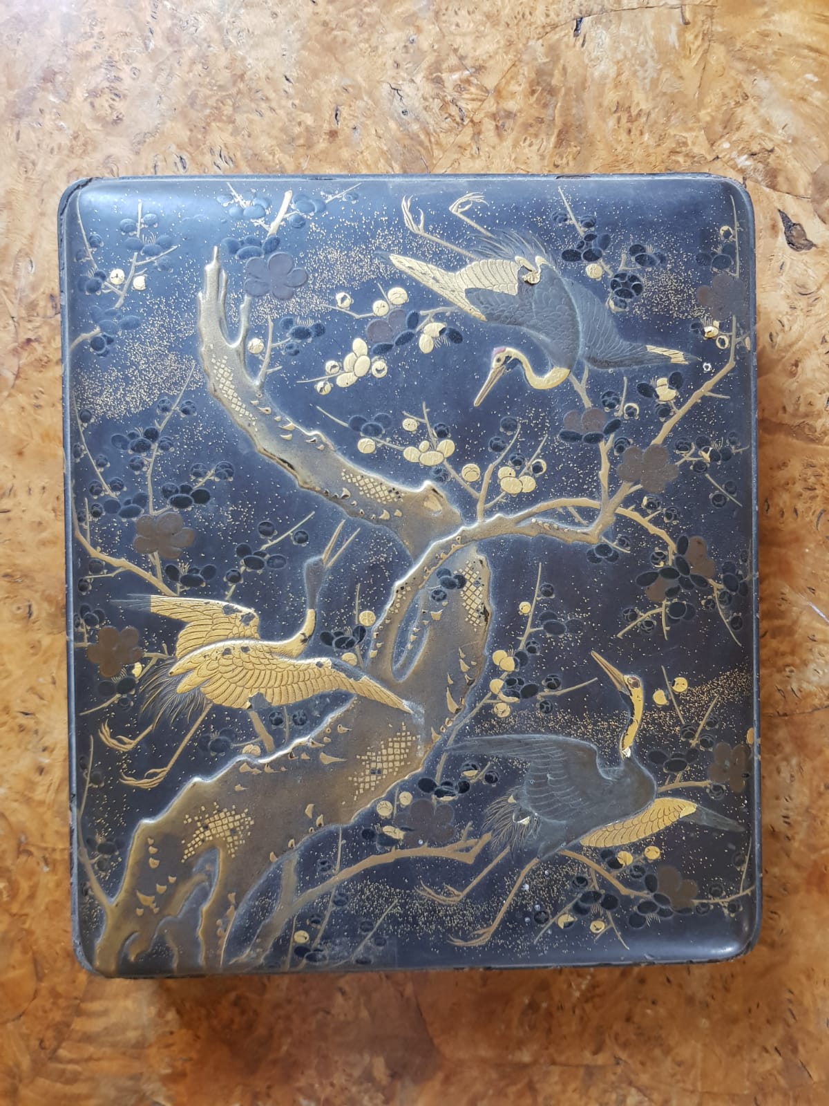 Antique Japanese Black Lacquer Box, Gold Maki-e Cranes & Pine Tree, Meiji Period, 19th Century