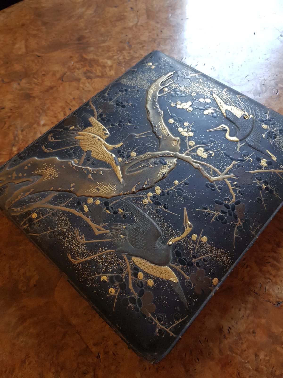 Antique Japanese Black Lacquer Box, Gold Maki-e Cranes & Pine Tree, Meiji Period, 19th Century