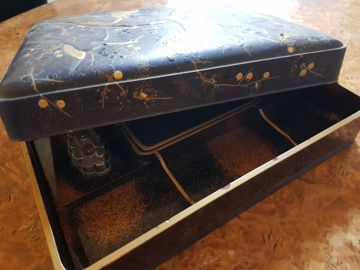 Antique Japanese Black Lacquer Box, Gold Maki-e Cranes & Pine Tree, Meiji Period, 19th Century