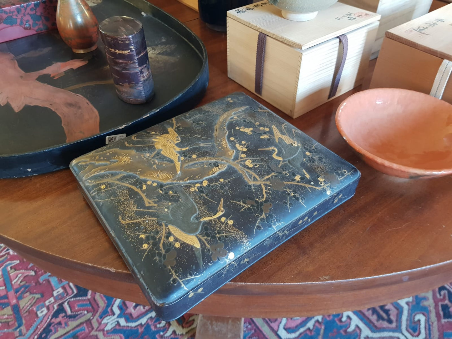 Antique Japanese Black Lacquer Box, Gold Maki-e Cranes & Pine Tree, Meiji Period, 19th Century