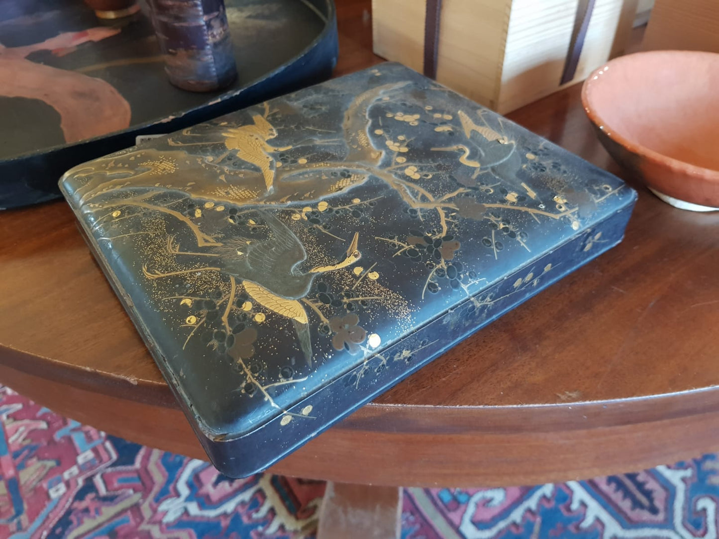Antique Japanese Black Lacquer Box, Gold Maki-e Cranes & Pine Tree, Meiji Period, 19th Century