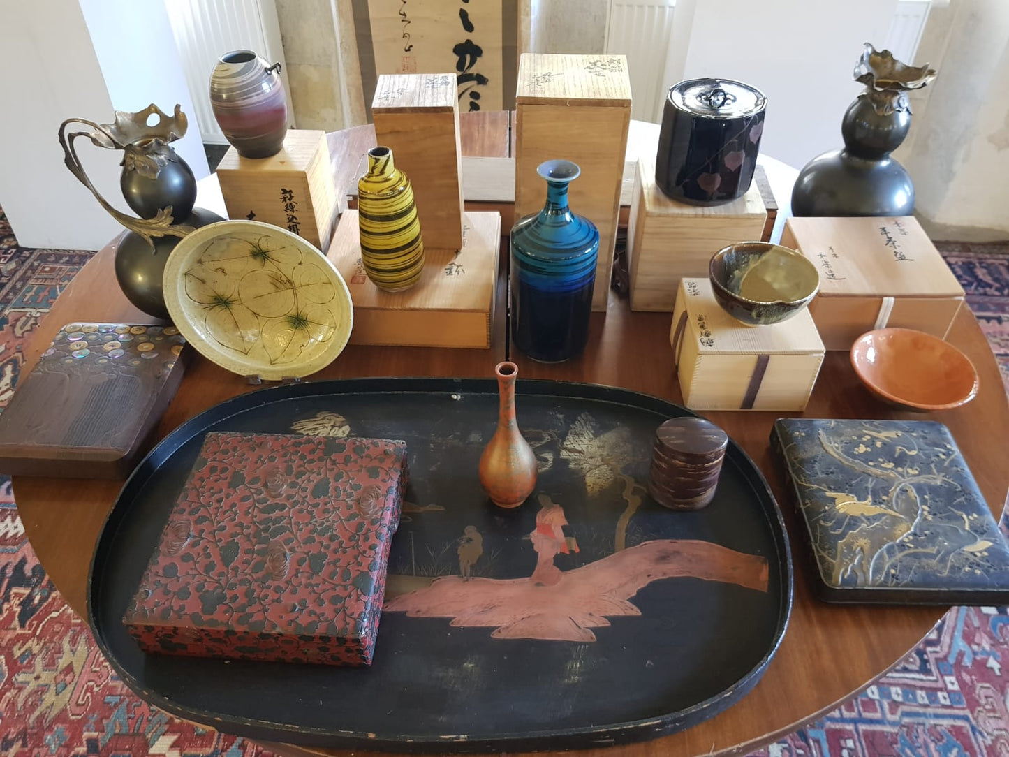 Antique Japanese Black Lacquer Box, Gold Maki-e Cranes & Pine Tree, Meiji Period, 19th Century