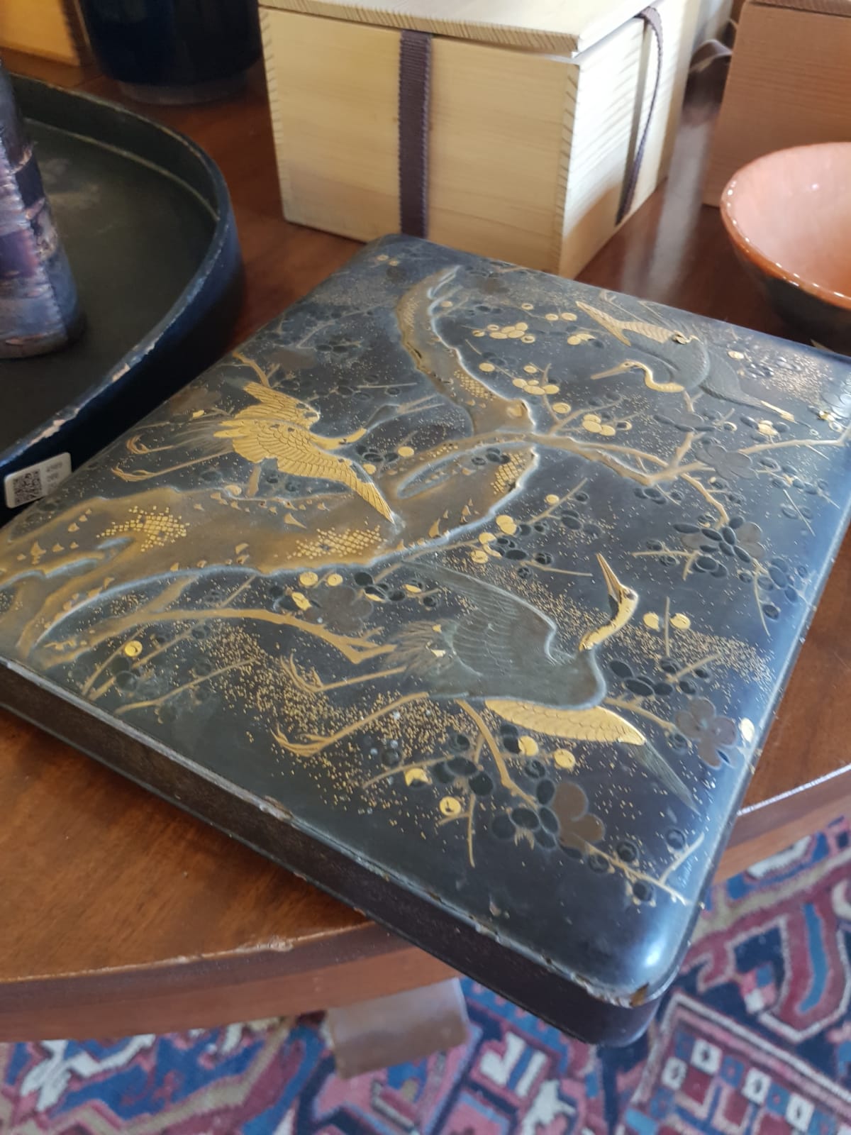 Antique Japanese Black Lacquer Box, Gold Maki-e Cranes & Pine Tree, Meiji Period, 19th Century