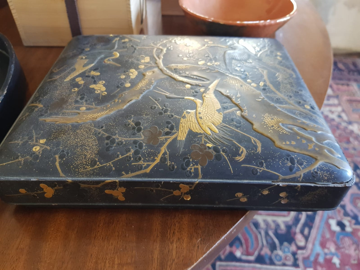 Antique Japanese Black Lacquer Box, Gold Maki-e Cranes & Pine Tree, Meiji Period, 19th Century