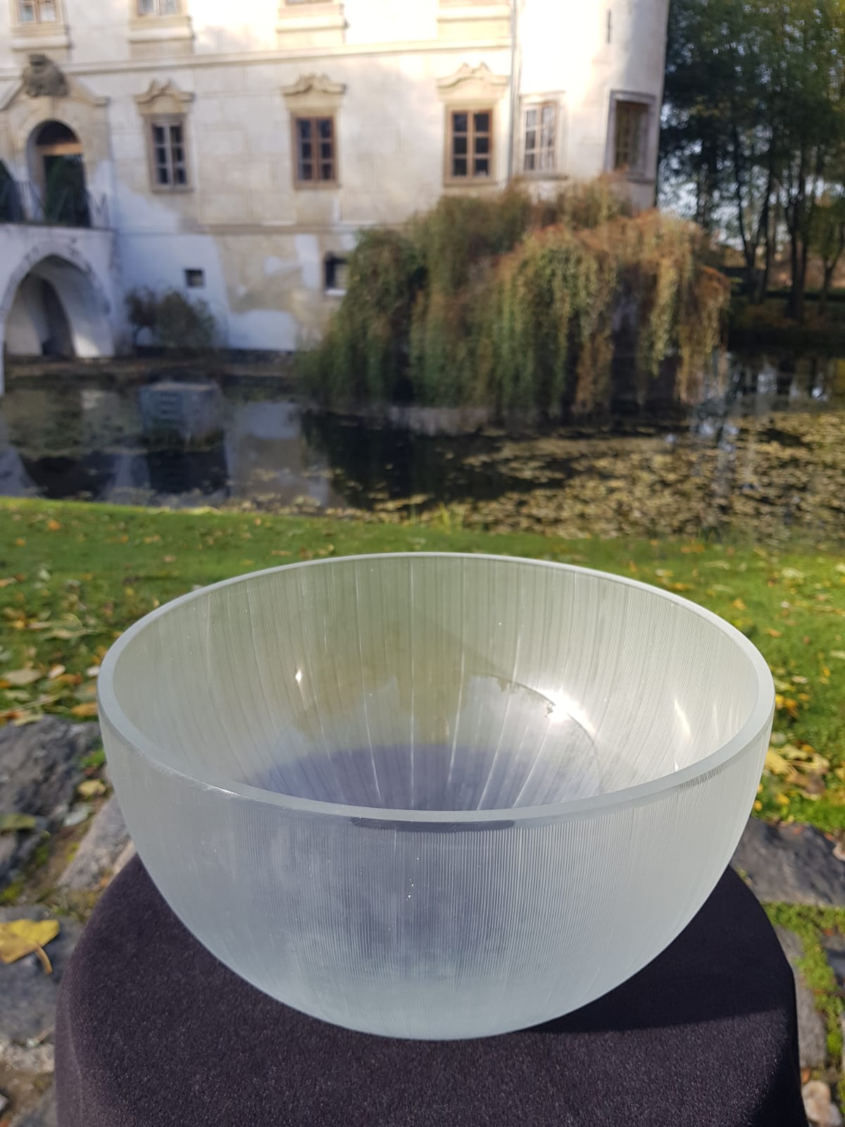 Large Vintage Ribbed Frosted  Glass Bowl, Mid 20th Century