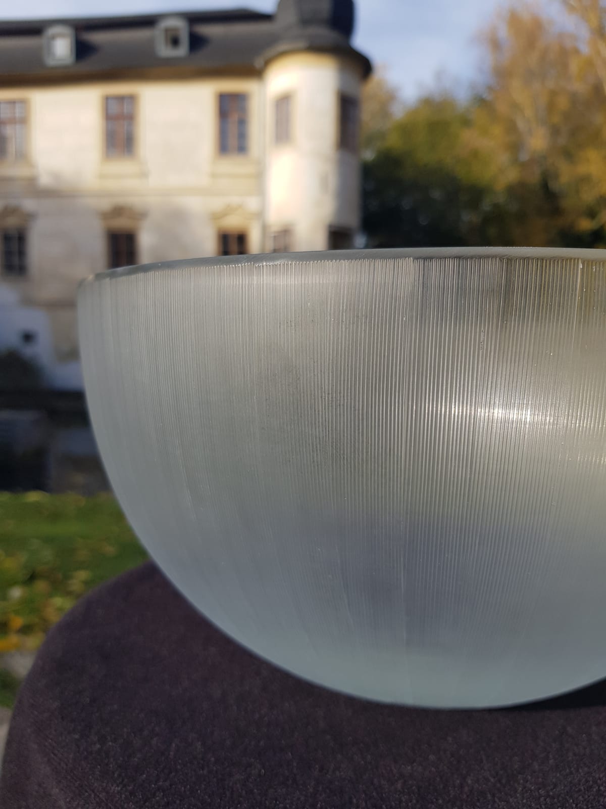 Large Vintage Ribbed Frosted  Glass Bowl, Mid 20th Century