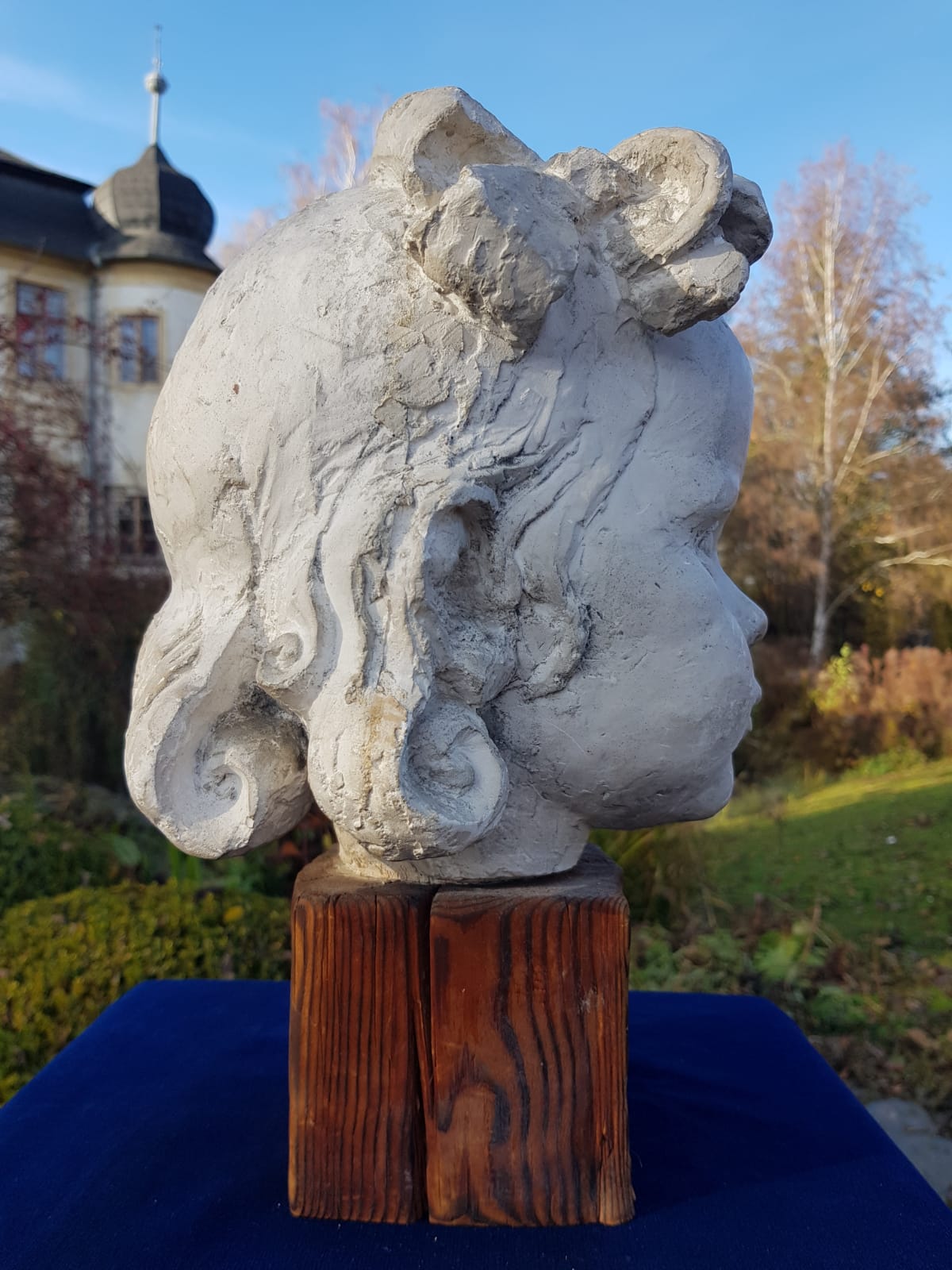 "Girl" Plaster Bust on Wooden Base, by Carl-Einar Borgström, Sweden, mid 20th Century