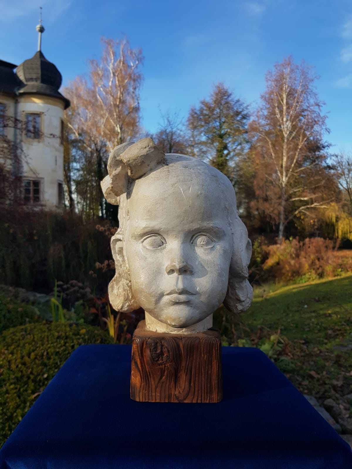 "Girl" Plaster Bust on Wooden Base, by Carl-Einar Borgström, Sweden, mid 20th Century