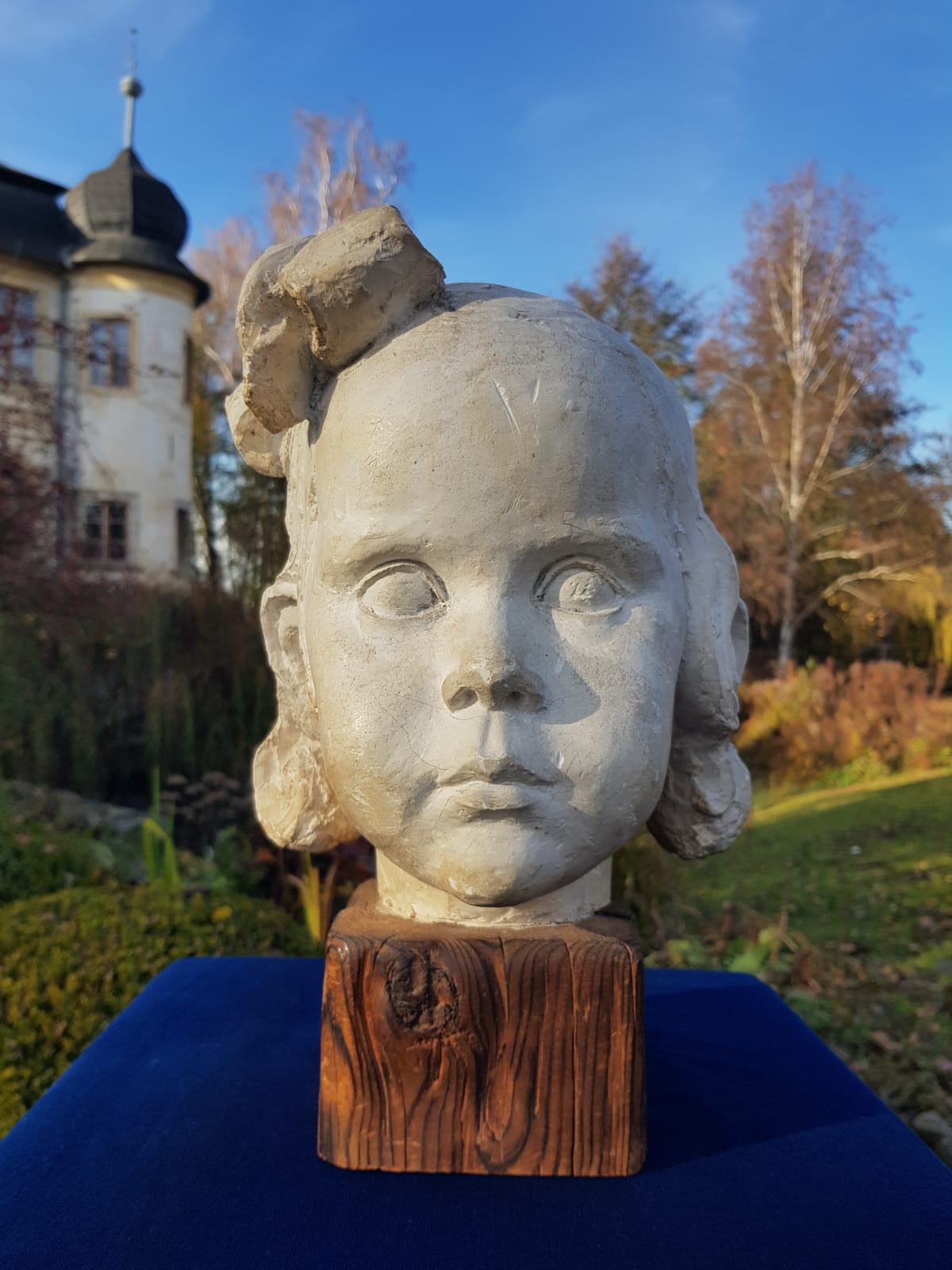 "Girl" Plaster Bust on Wooden Base, by Carl-Einar Borgström, Sweden, mid 20th Century