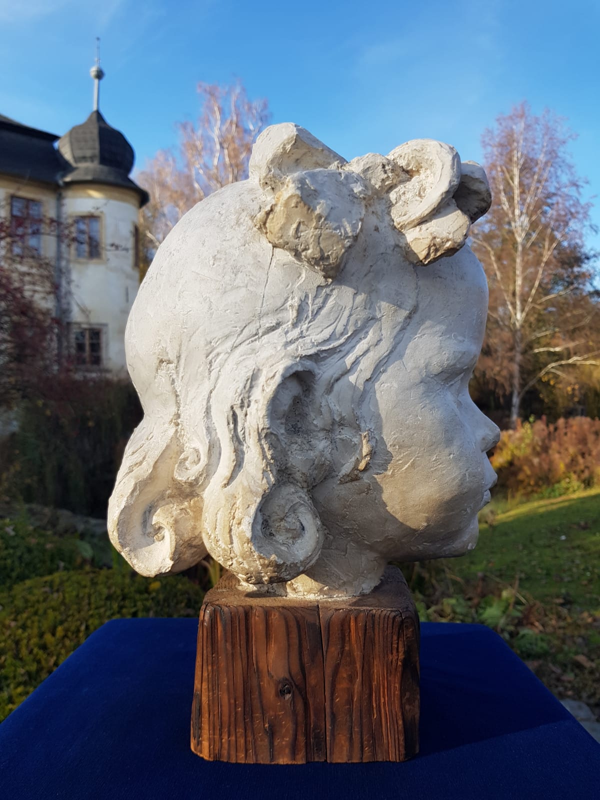 "Girl" Plaster Bust on Wooden Base, by Carl-Einar Borgström, Sweden, mid 20th Century