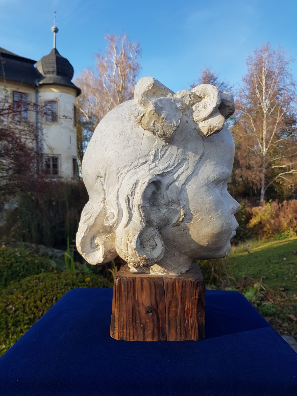 "Girl" Plaster Bust on Wooden Base, by Carl-Einar Borgström, Sweden, mid 20th Century