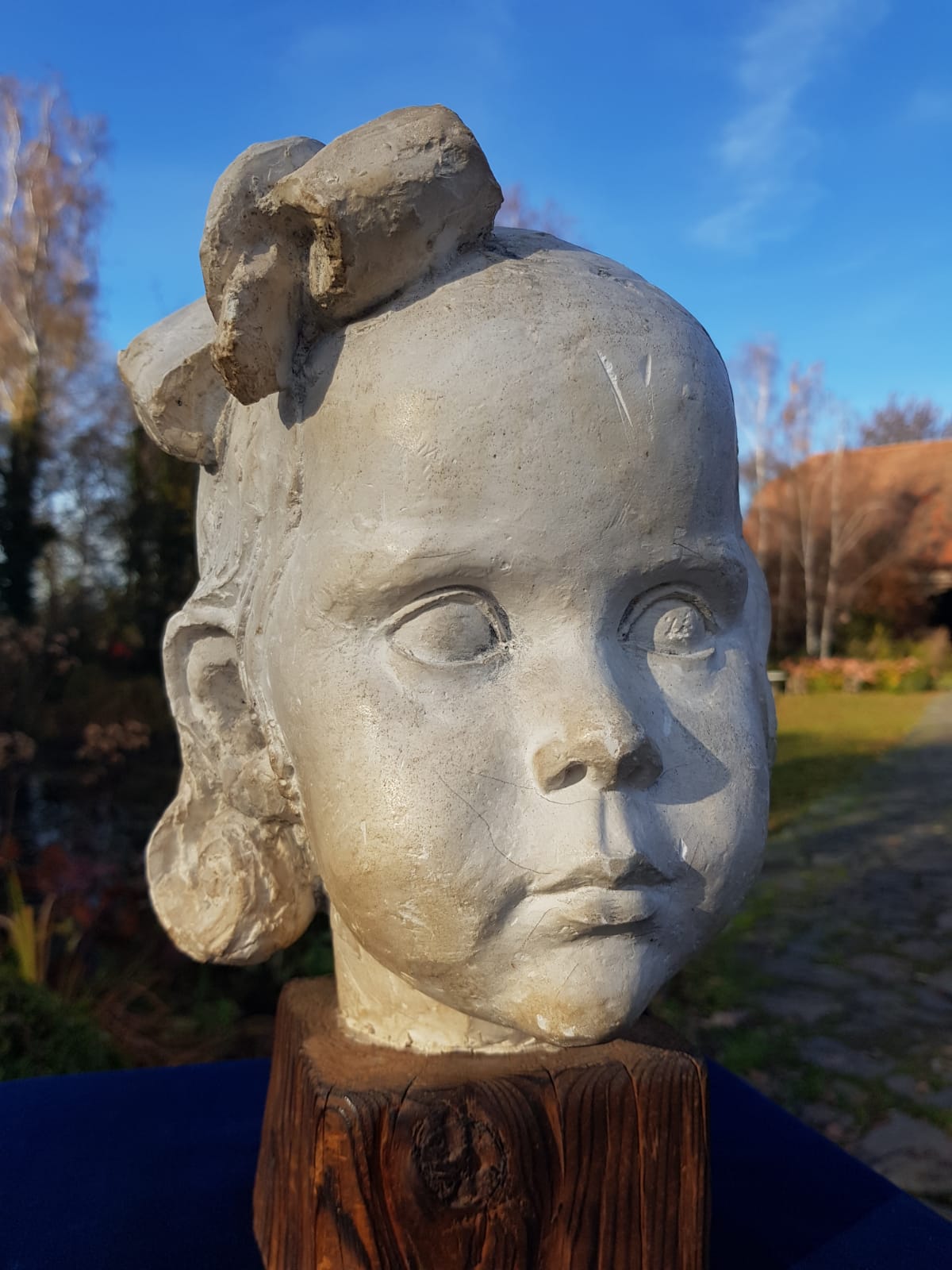 "Girl" Plaster Bust on Wooden Base, by Carl-Einar Borgström, Sweden, mid 20th Century