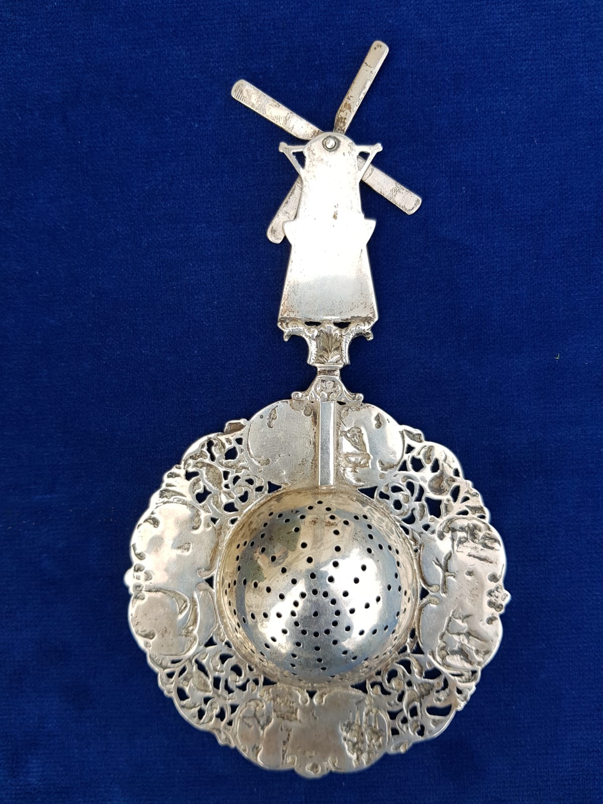 Antique Silver Tea Strainer, FUnctional Windmill, Holland, early to mid 20th Century