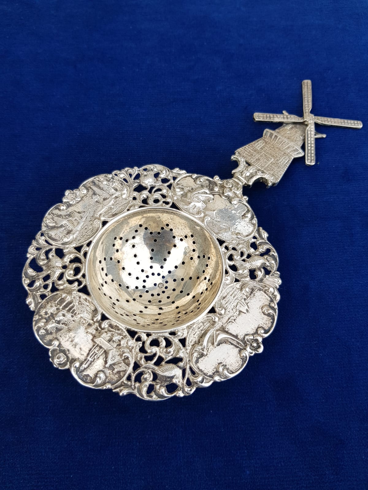 Antique Silver Tea Strainer, FUnctional Windmill, Holland, early to mid 20th Century