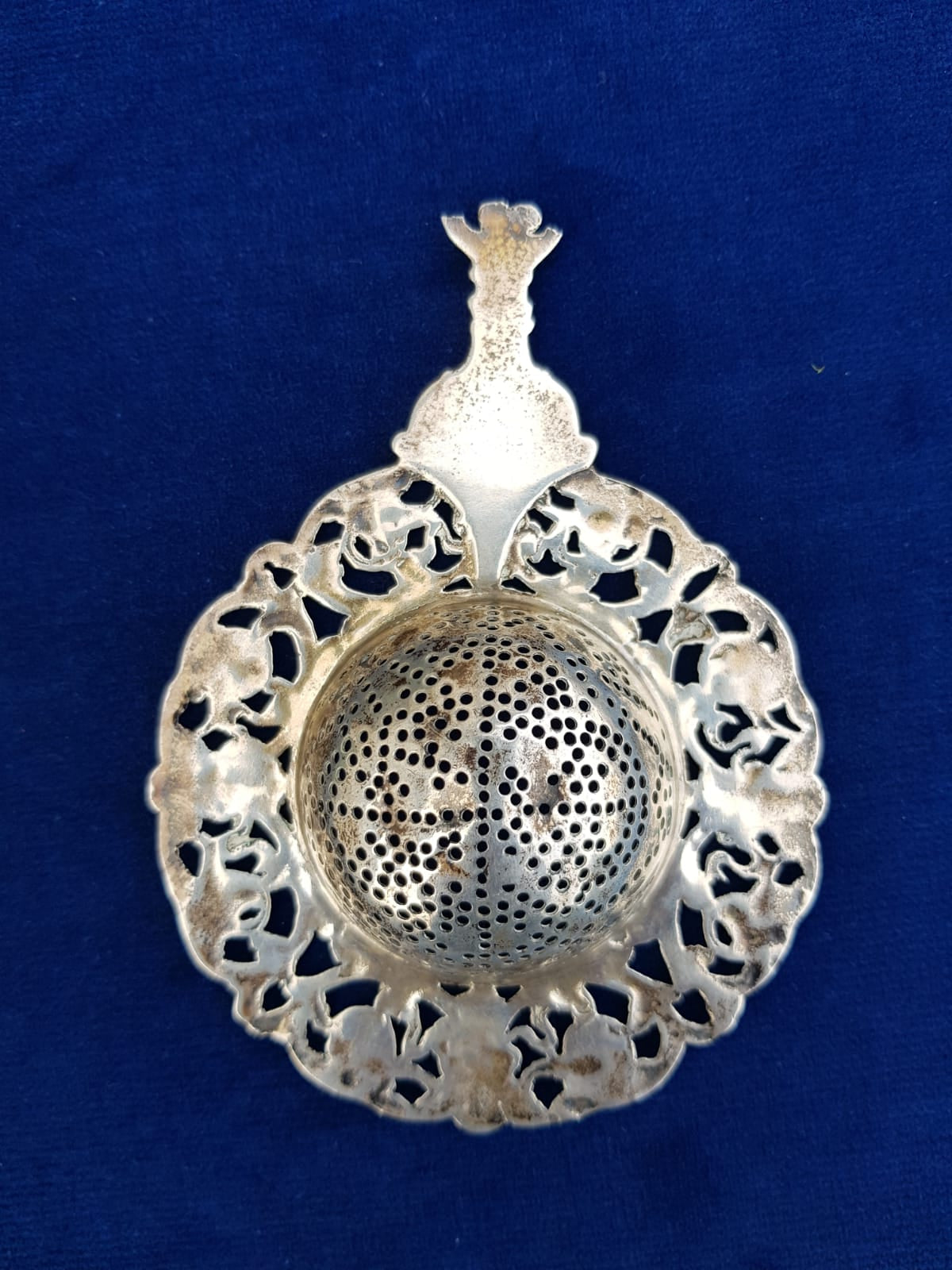 Antique Ornate Silver Tea Strainer, Europe, early to mid 20th Century