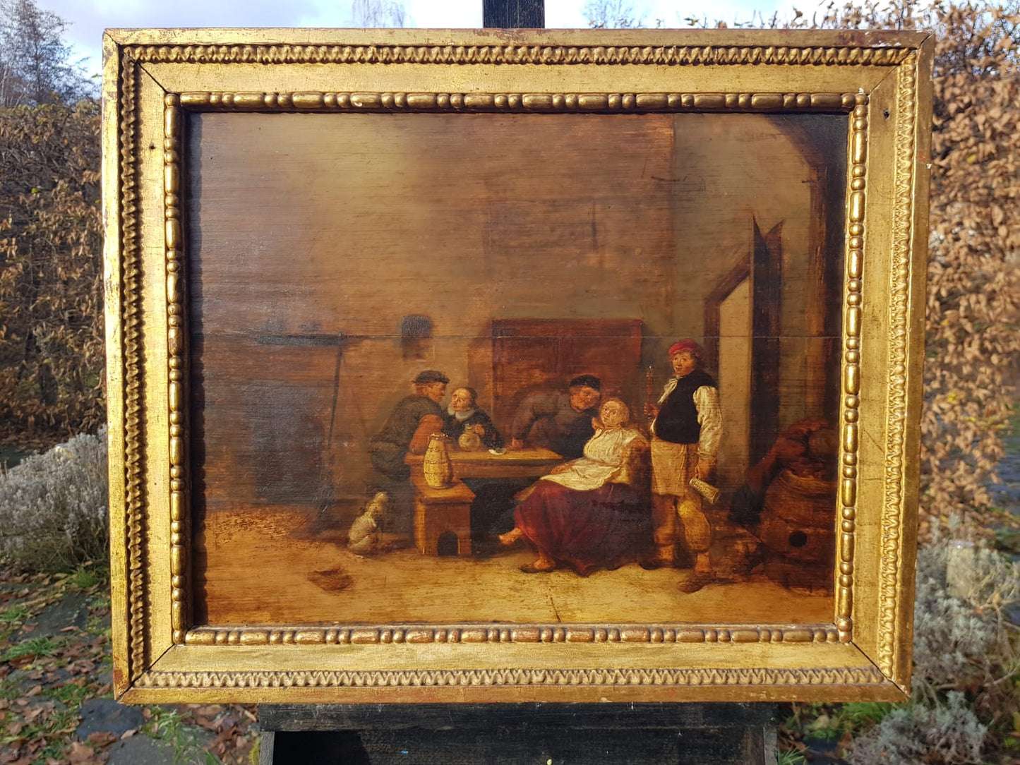 Antique 18th Century "Old Master Style" Dutch/Flemish Tavern Scene, Oil on Wooden (Oak)  Panel