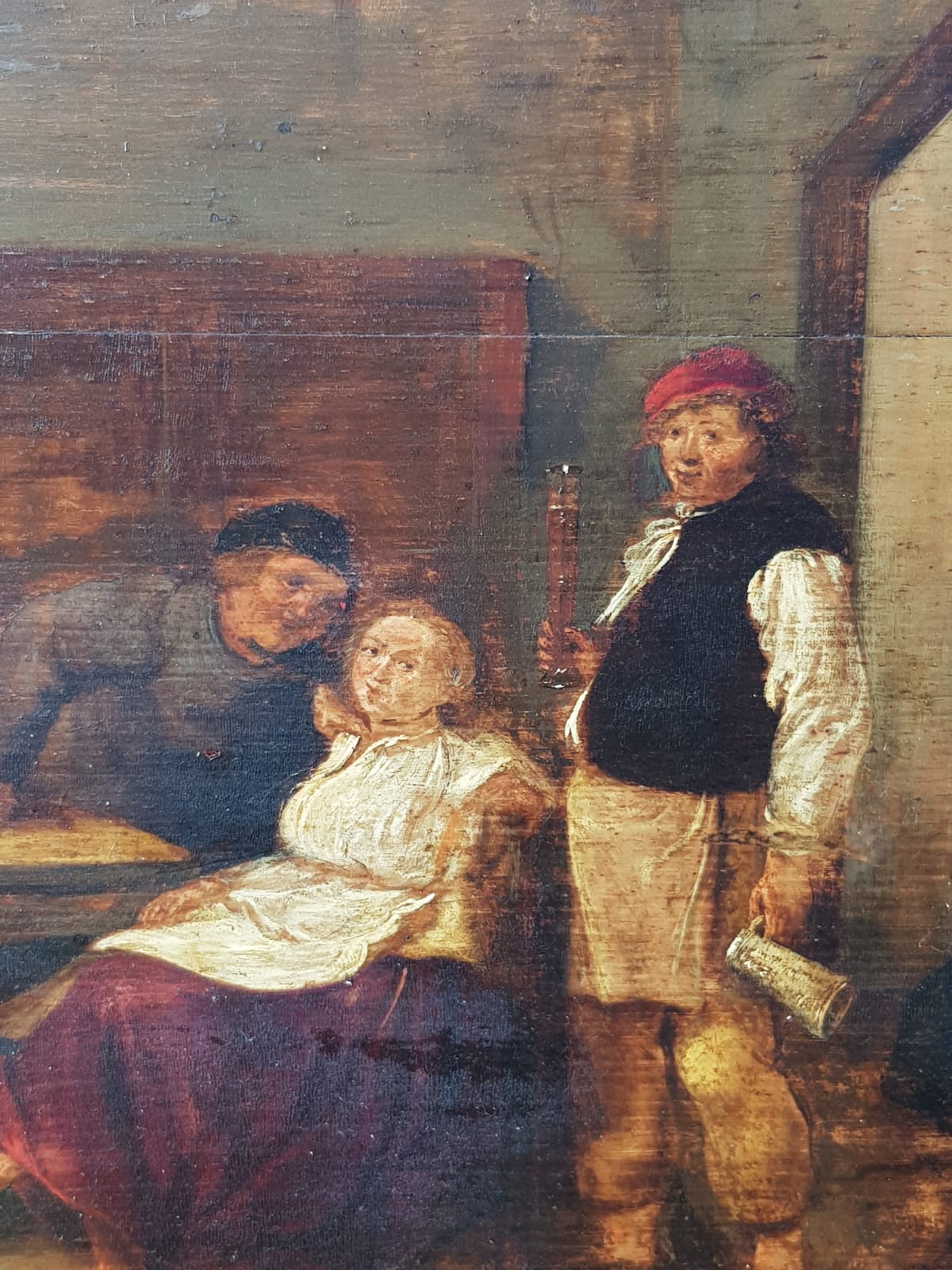 Antique 18th Century "Old Master Style" Dutch/Flemish Tavern Scene, Oil on Wooden (Oak)  Panel