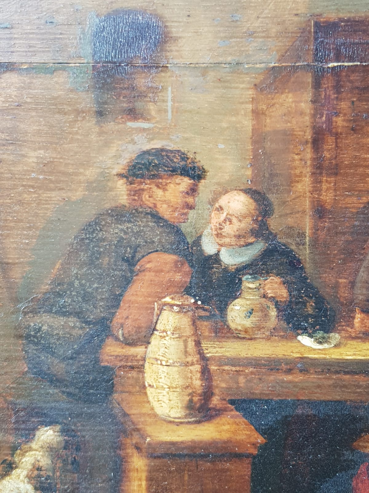 Antique 18th Century "Old Master Style" Dutch/Flemish Tavern Scene, Oil on Wooden (Oak)  Panel