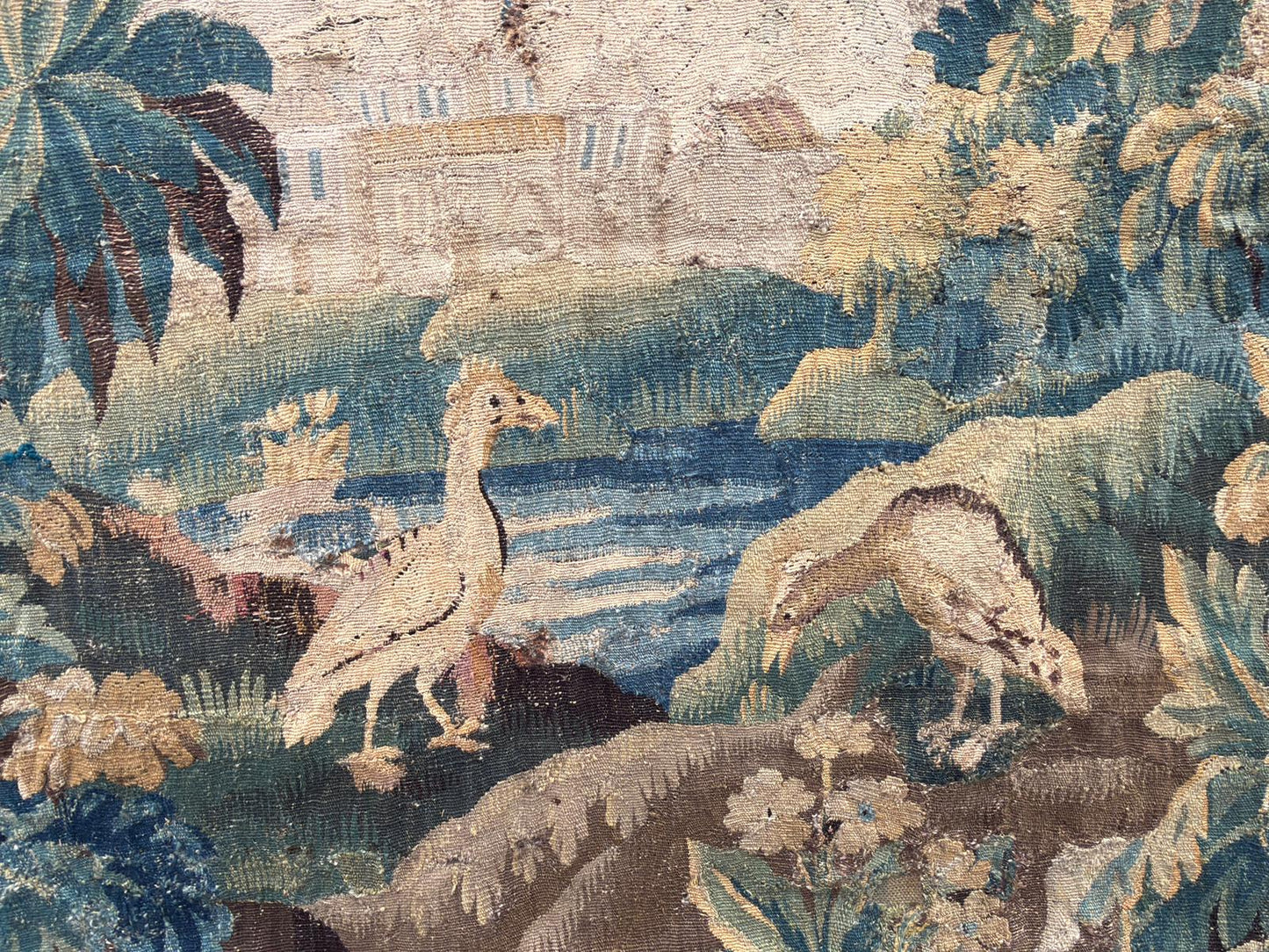 Antique French Verdure Tapestry With Birds and Castle Scene, early 18th Century