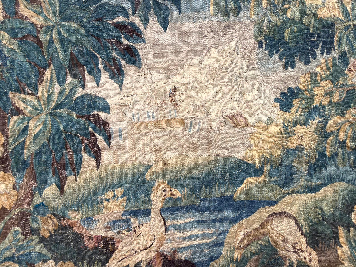 Antique French Verdure Tapestry With Birds and Castle Scene, early 18th Century