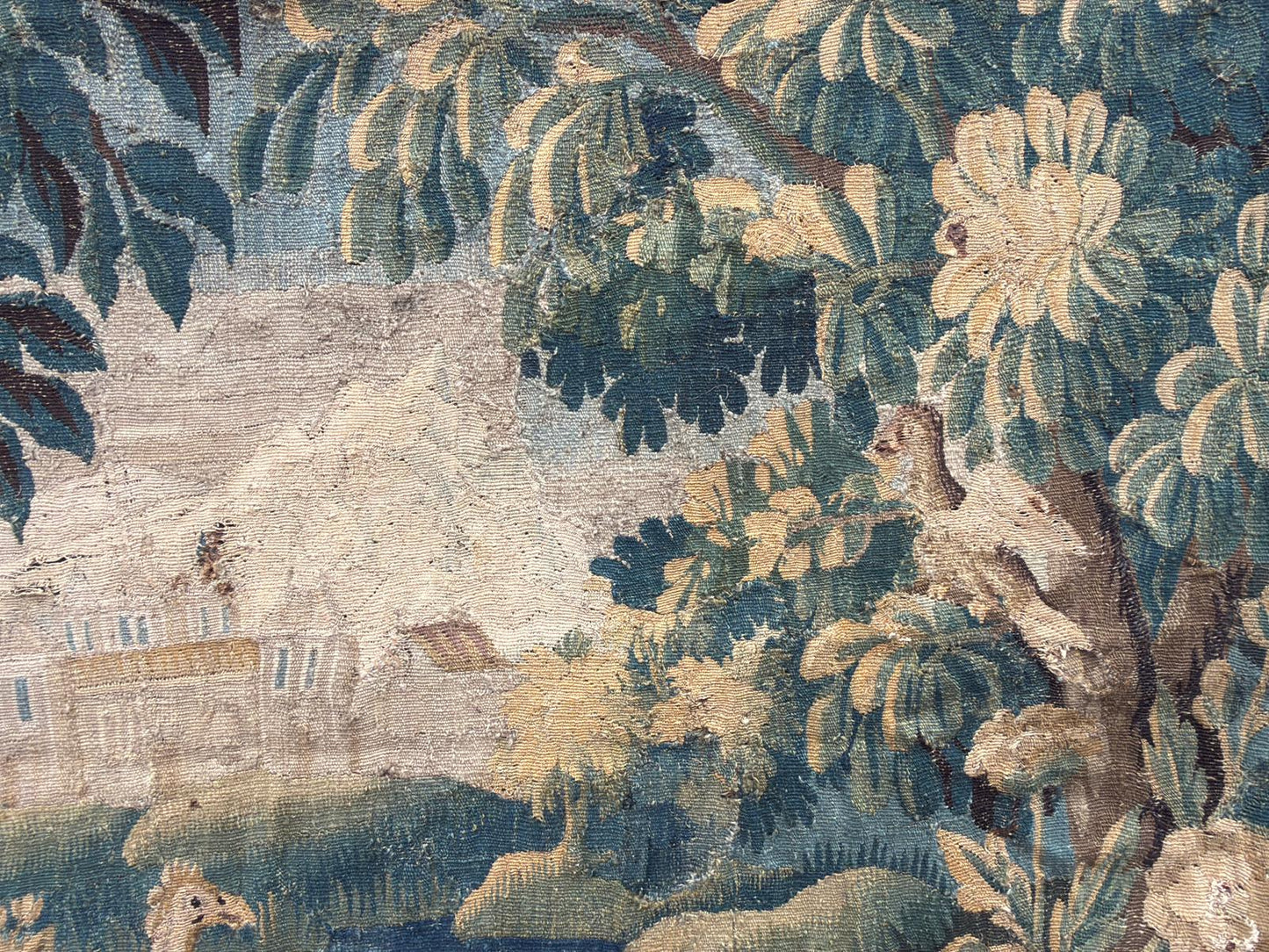 Antique French Verdure Tapestry With Birds and Castle Scene, early 18th Century