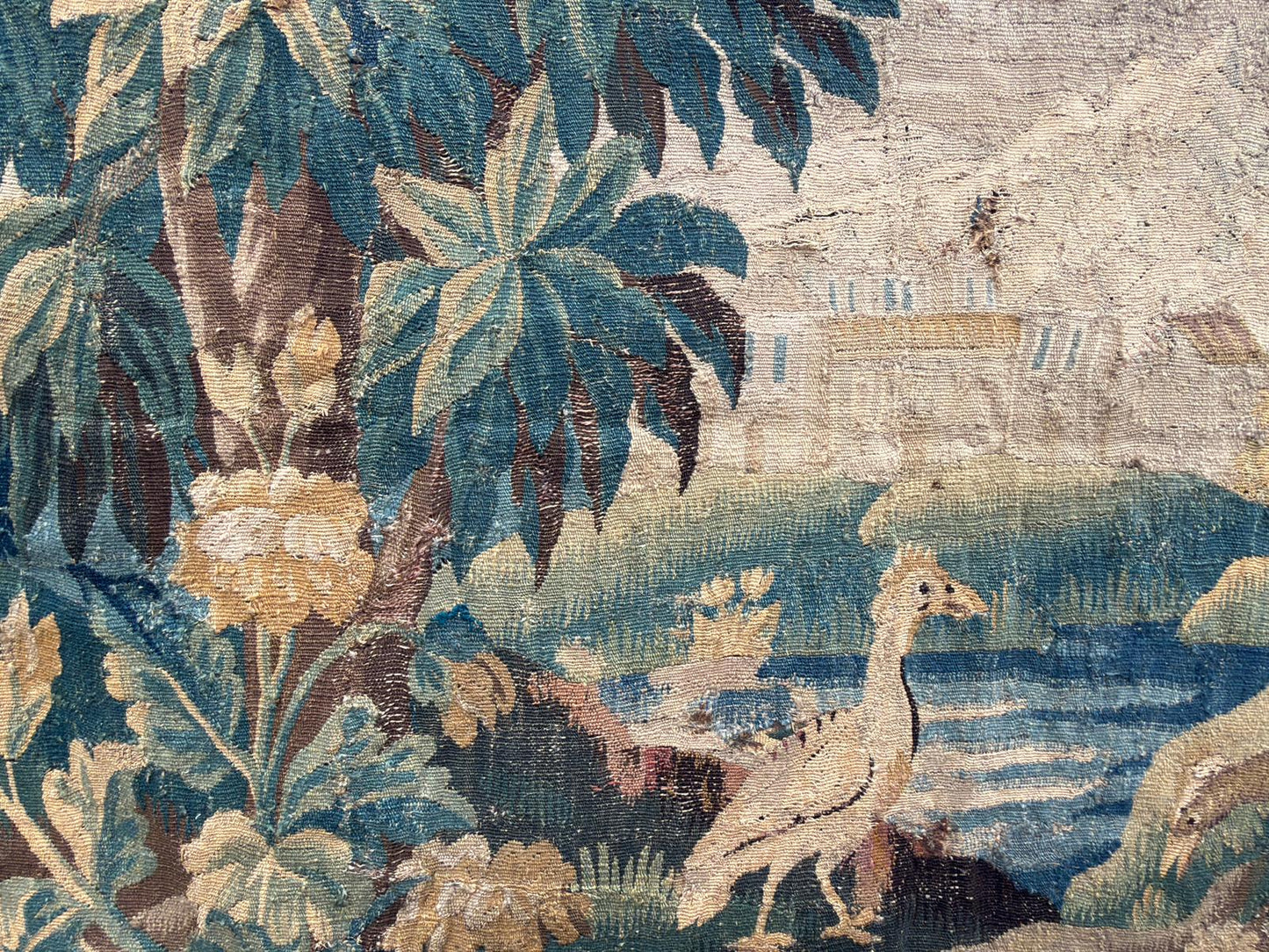 Antique French Verdure Tapestry With Birds and Castle Scene, early 18th Century