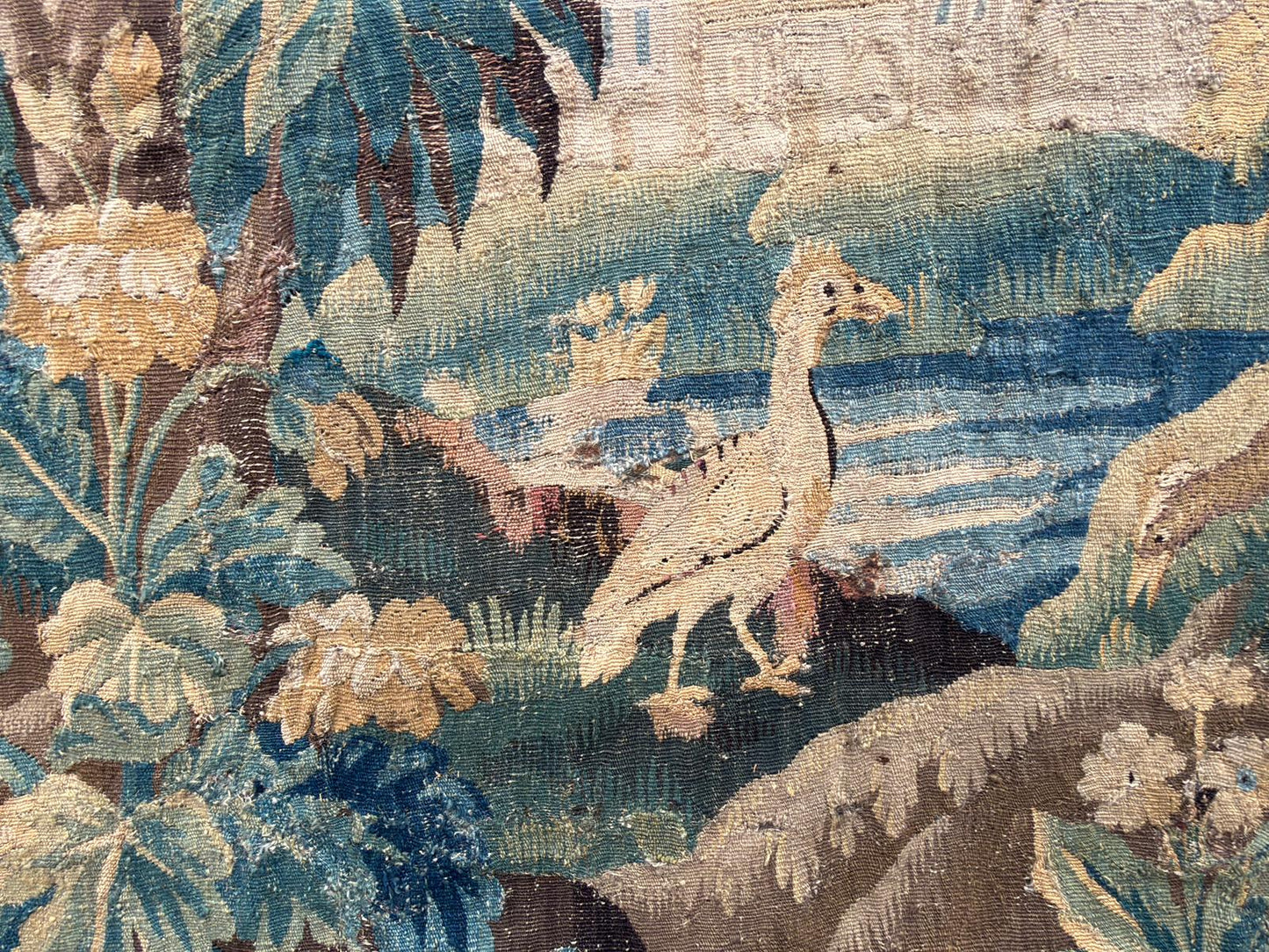 Antique French Verdure Tapestry With Birds and Castle Scene, early 18th Century