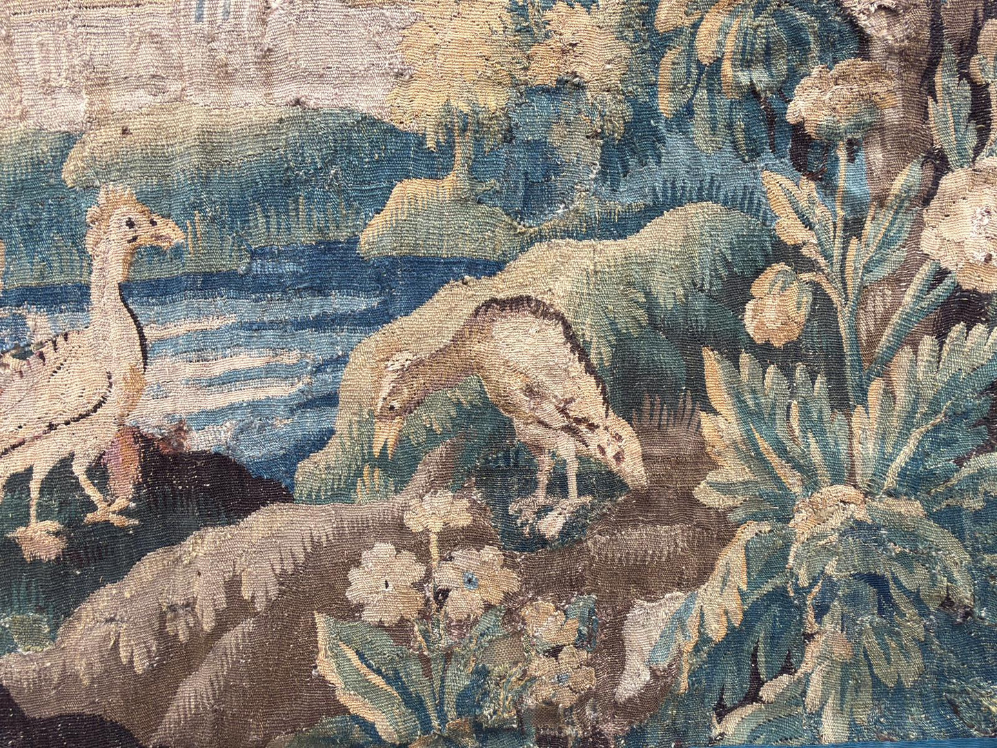 Antique French Verdure Tapestry With Birds and Castle Scene, early 18th Century