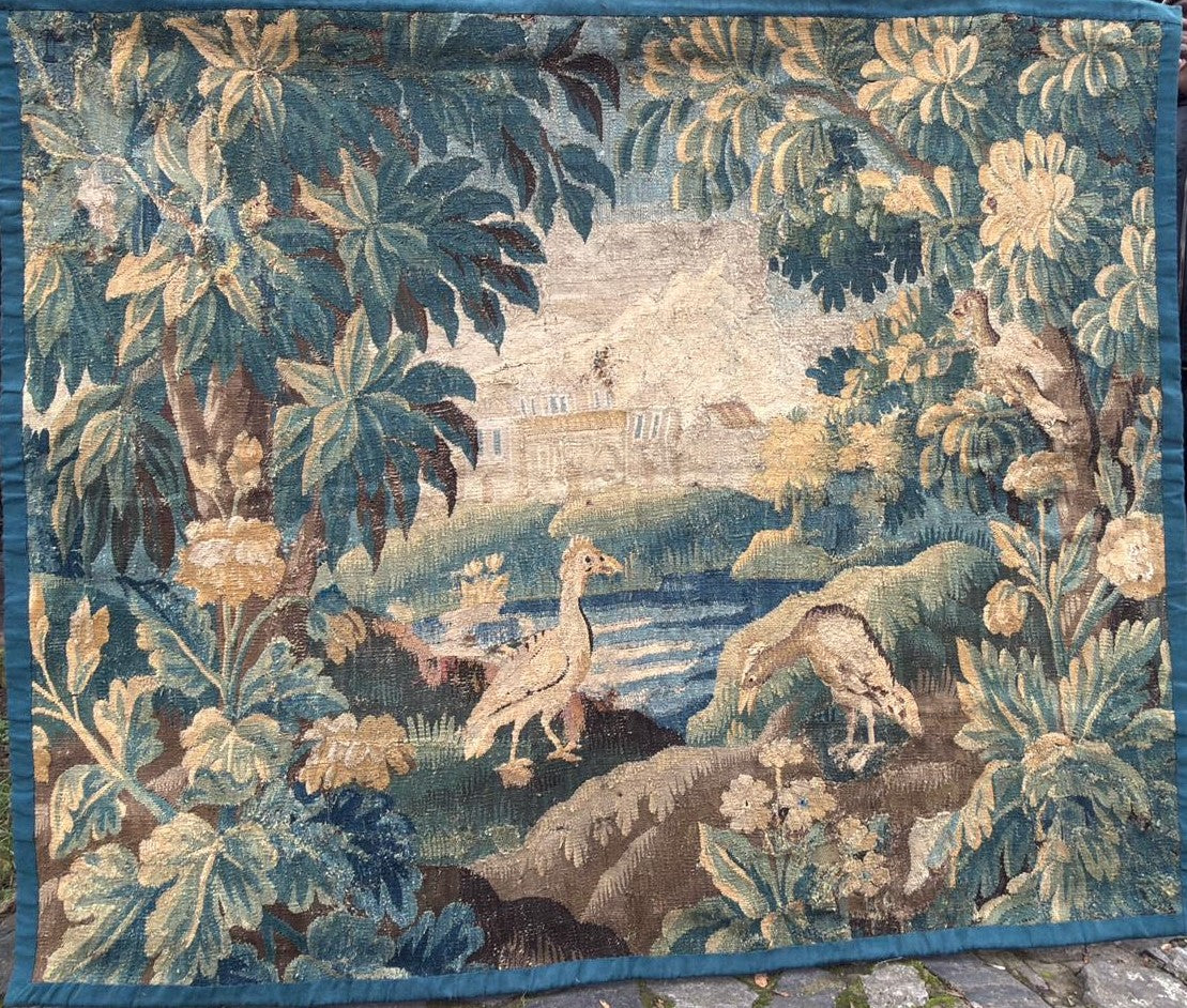 Antique French Verdure Tapestry With Birds and Castle Scene, early 18th Century