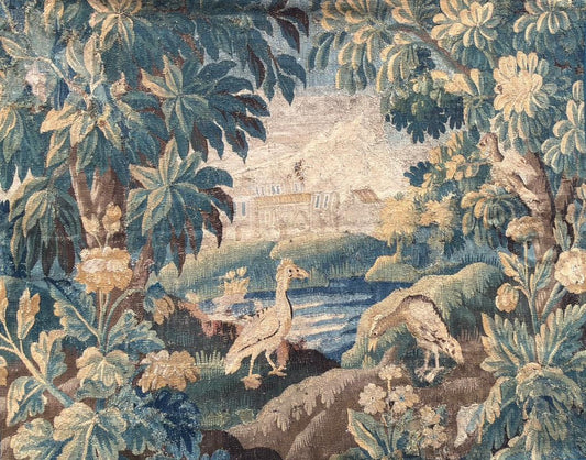 Antique French Verdure Tapestry With Birds and Castle Scene, early 18th Century