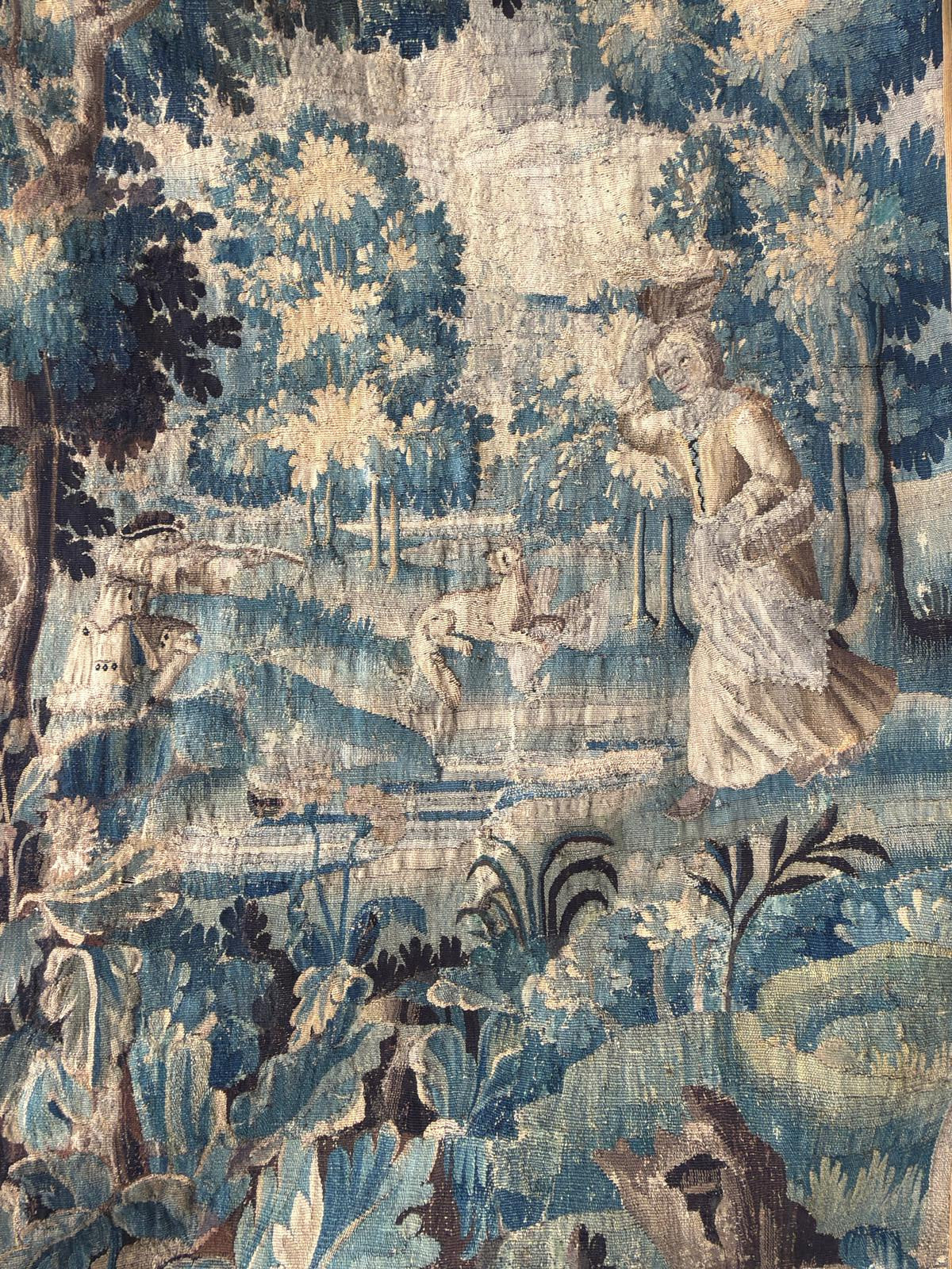 Antique French Verdure Tapestry with Figures and Dog, 18th Century