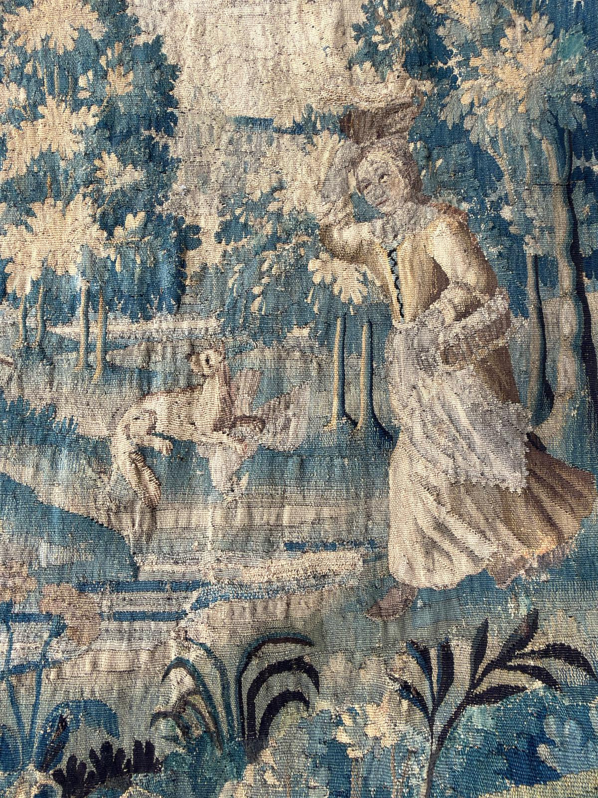 Antique French Verdure Tapestry with Figures and Dog, 18th Century
