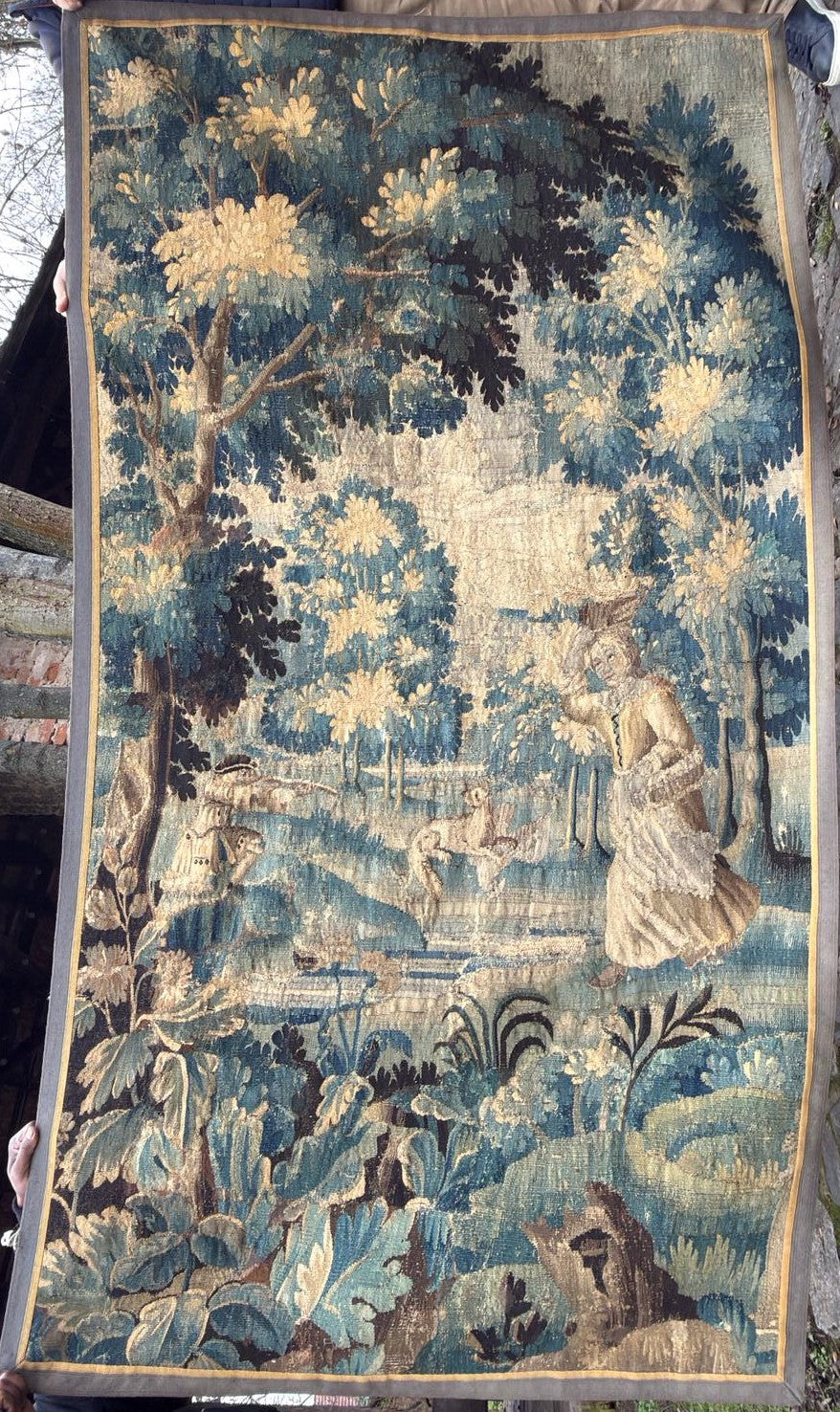 Antique French Verdure Tapestry with Figures and Dog, 18th Century