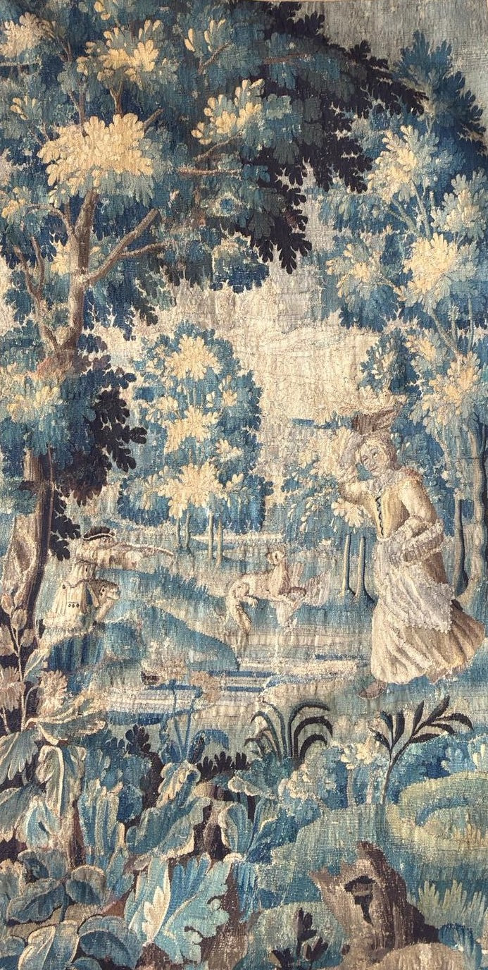 Antique French Verdure Tapestry with Figures and Dog, 18th Century