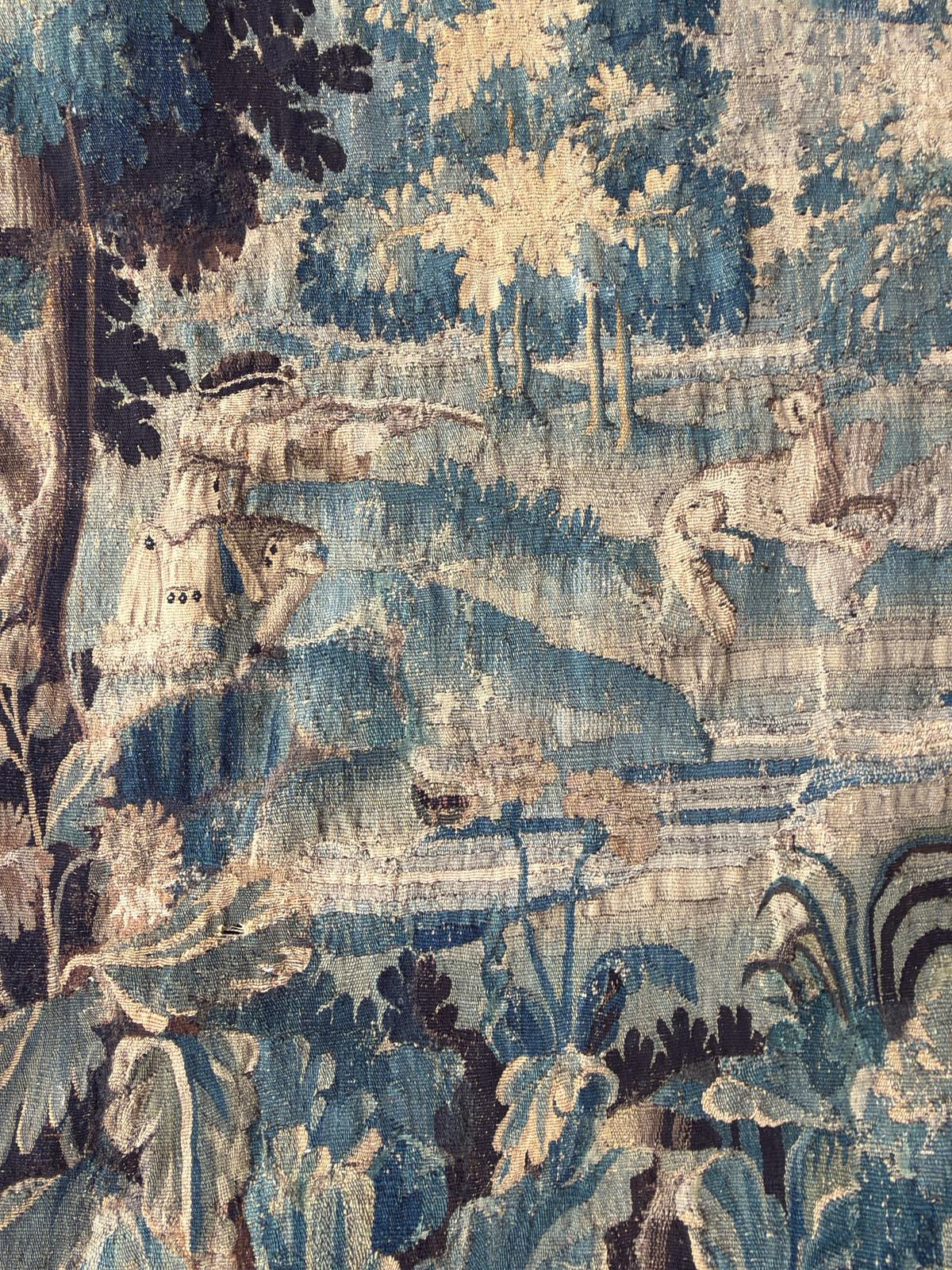 Antique French Verdure Tapestry with Figures and Dog, 18th Century