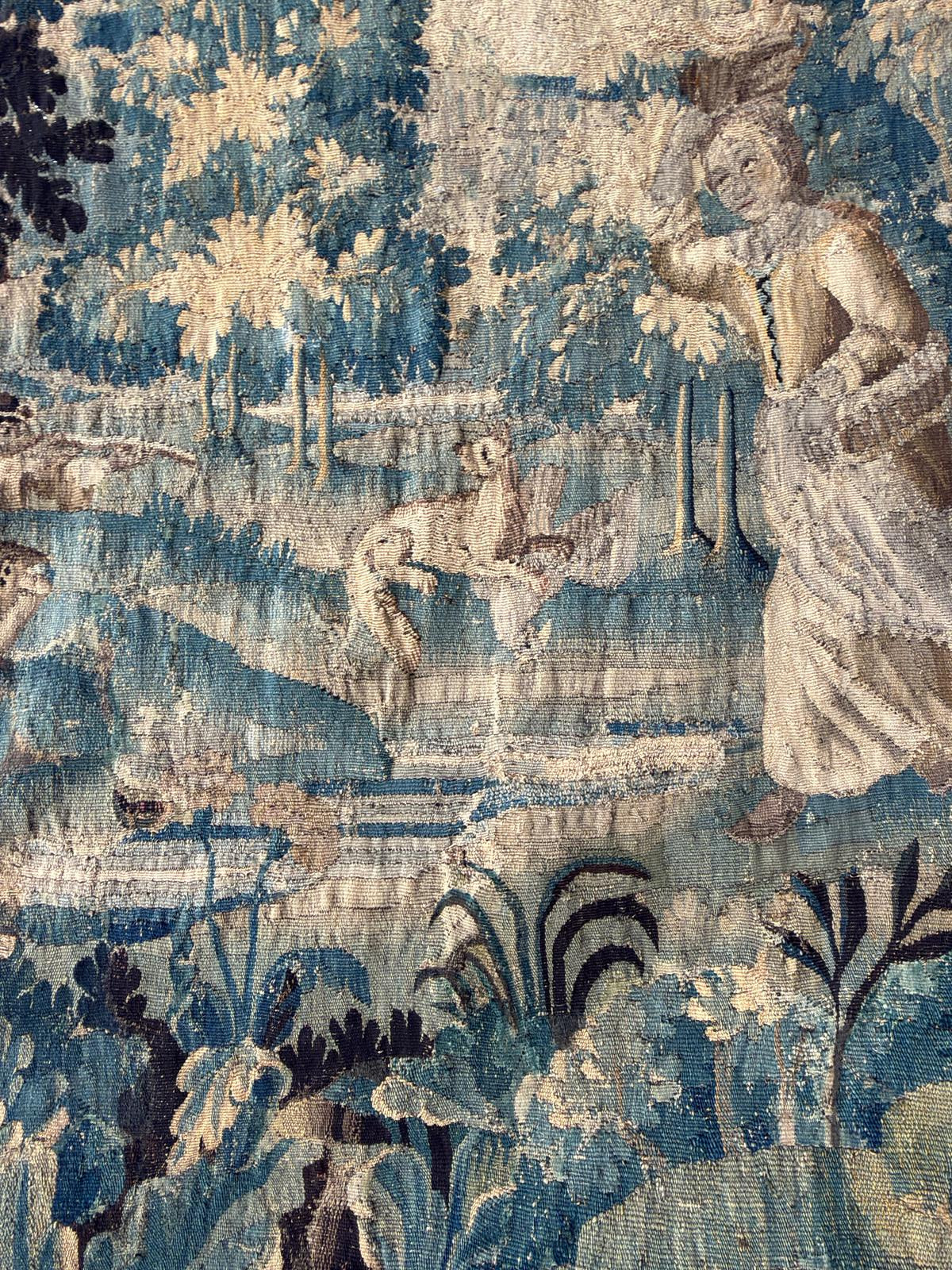Antique French Verdure Tapestry with Figures and Dog, 18th Century
