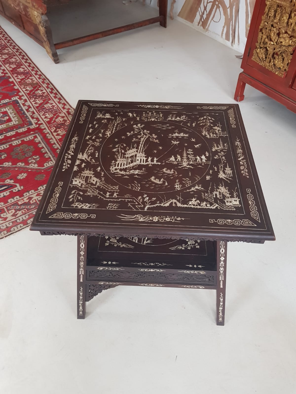 A Qing 19TH CENTURY CHINESE IVORY INLAID TWO TIER TABLE. 63 cm x 65 cm
