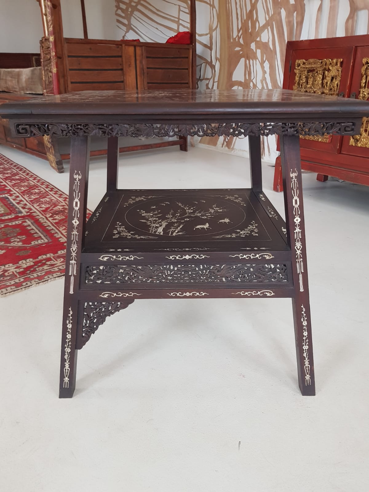 A Qing 19TH CENTURY CHINESE IVORY INLAID TWO TIER TABLE. 63 cm x 65 cm