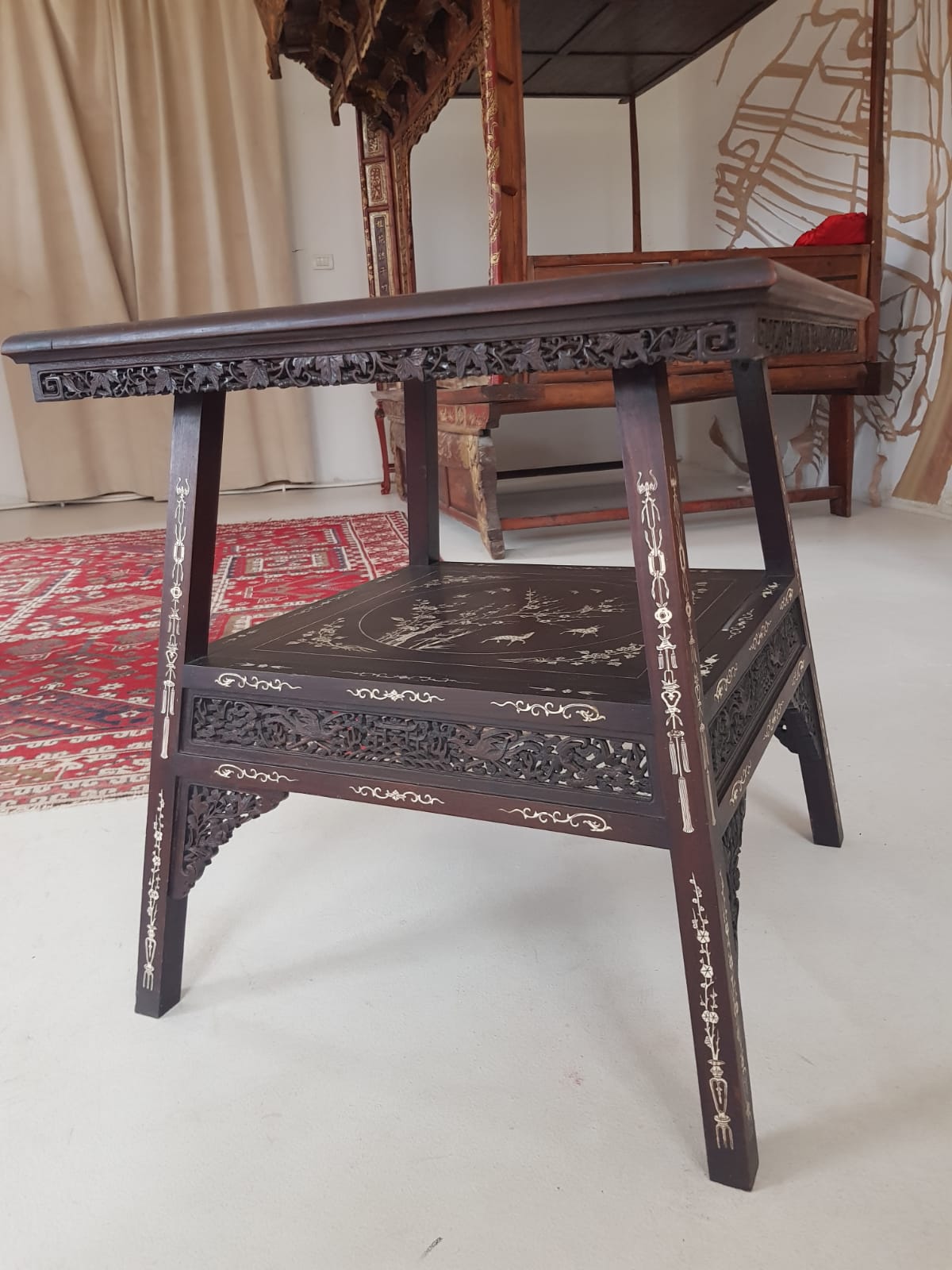 A Qing 19TH CENTURY CHINESE IVORY INLAID TWO TIER TABLE. 63 cm x 65 cm