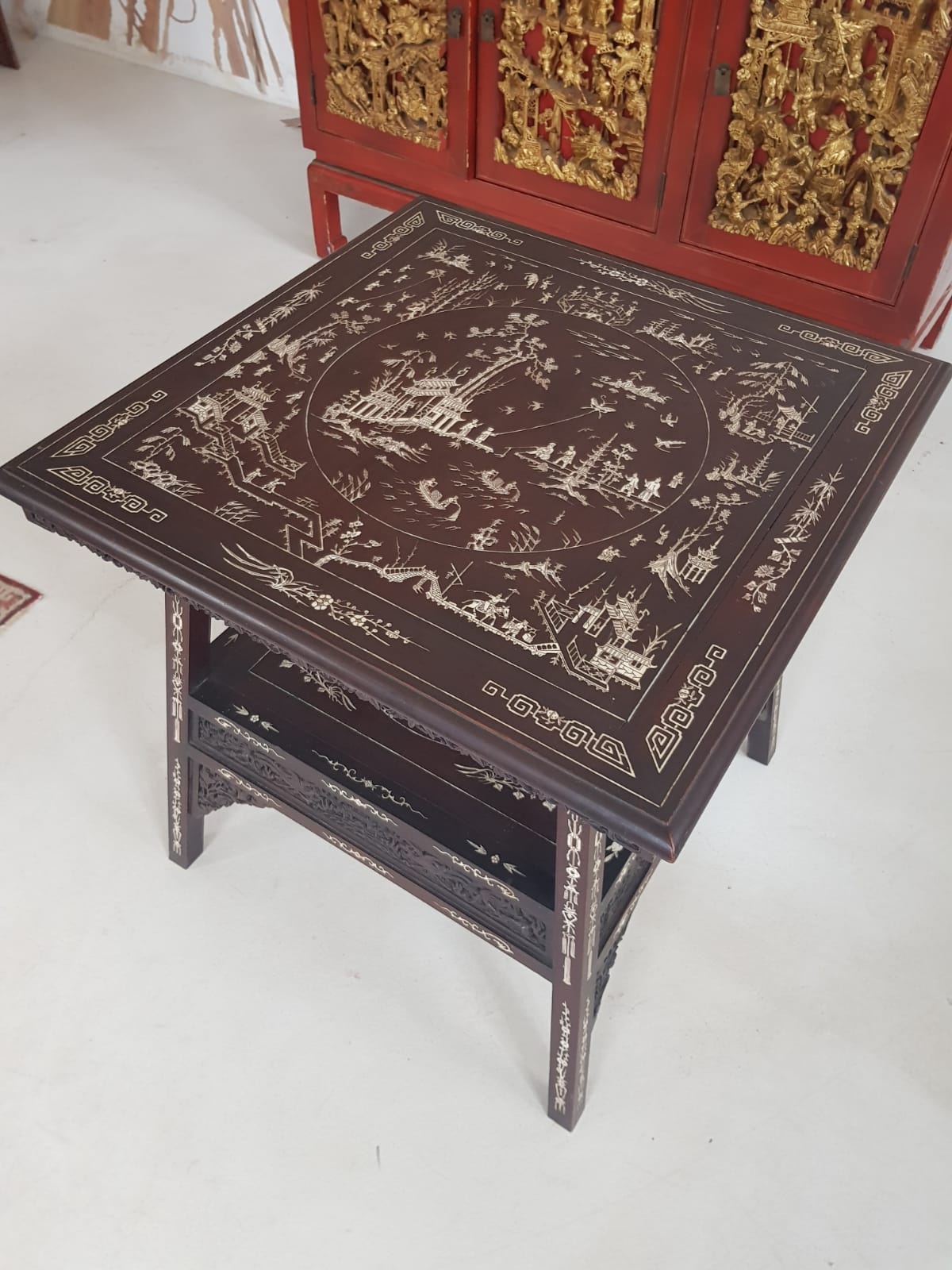 A Qing 19TH CENTURY CHINESE IVORY INLAID TWO TIER TABLE. 63 cm x 65 cm